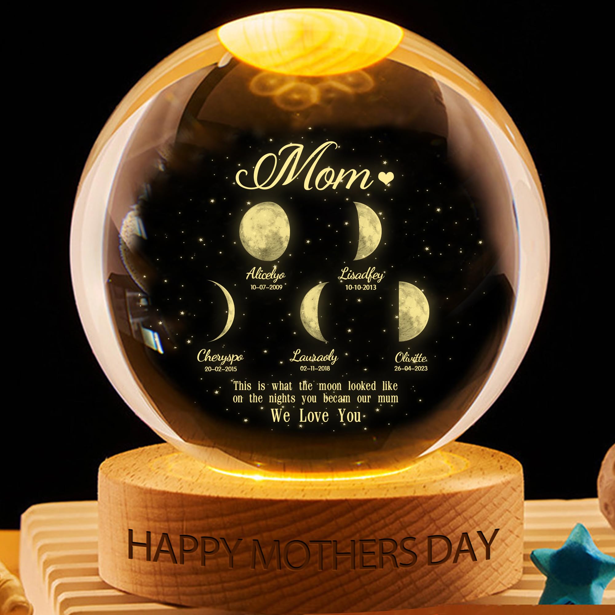 VWCSDSCS Personalized Moon Phase Crystal Globe Lamp Custom Names & Birthdates, 7 Color Changing LED, Memorial & Decorative Gifts for Mom, Dad, Grandma, Grandpa for Bedroom & Living Room — image 1
