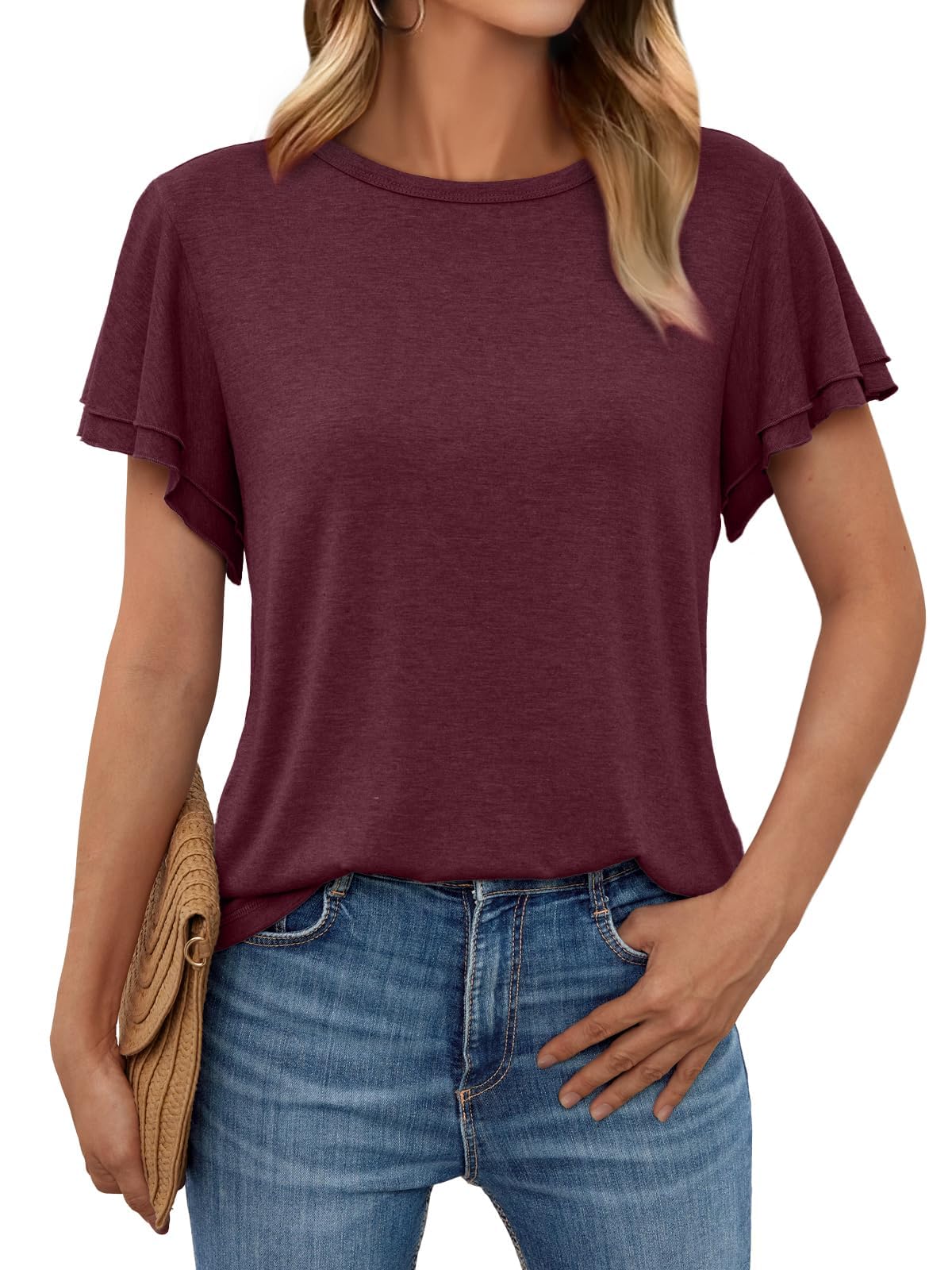 Suncife Damen-Sommer-T-Shirt, kurzärmelig, elegant, lässig, Rüschenärmel, Bluse