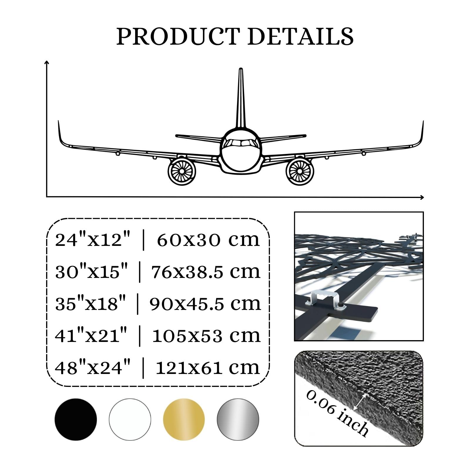 Schwarze Flugzeugsilhouette aus Metall, minimalistische Wanddekoration aus Metall, Moderne Skulptur mit Flugzeugsilhouette für Wohnzimmer, Flur und Treppenhaus (Gold, 61 cm L x 30 cm B)