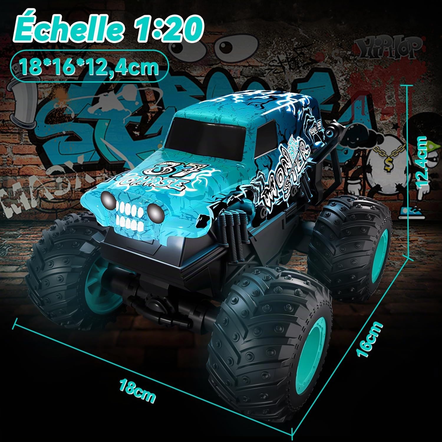 Halloween Monster Truck avec télécommande, camion monstre 1/20 avec marche verticale et rotation à 360°, 20 km/h, voiture télécommandée avec lumière LED et musique, jouets d'Halloween, cadeaux