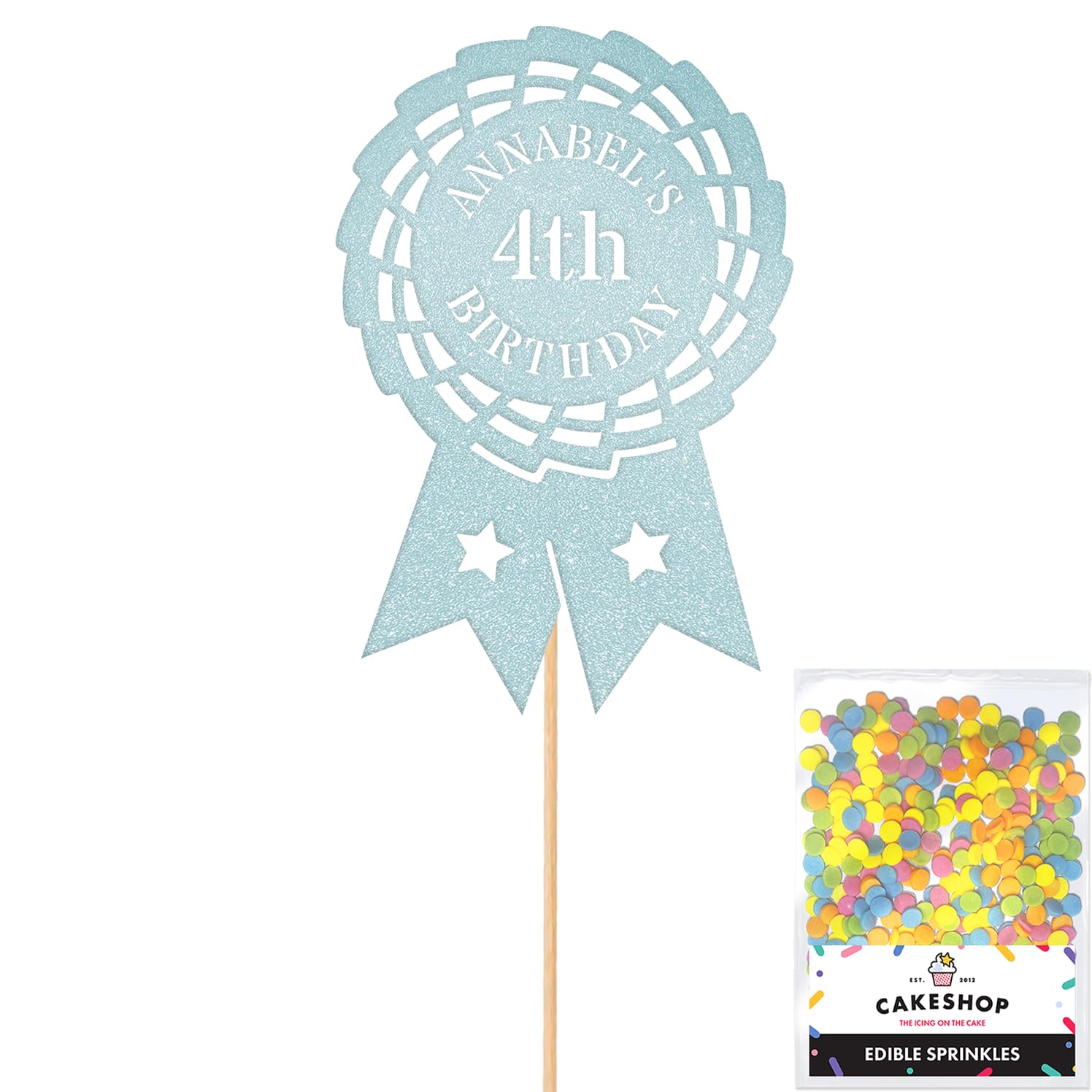 Personalised Horse Riding Rosette Award Glitter Cake Topper - Lt Blue Custom Age & Name Glitter Cake Decoration and Sprinkles - Happy Birthday Decorations - Personalised Toppers for Cakes by Cakeshop
