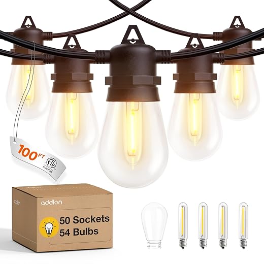 addlon 100FT(2-Pack*50FT) LED Outdoor String Lights with 50 Edison Vintage Shatterproof Bulbs, Commercial Grade Patio Lights, IP65 Waterproof for Balcony, Backyard and Garden, Warm White