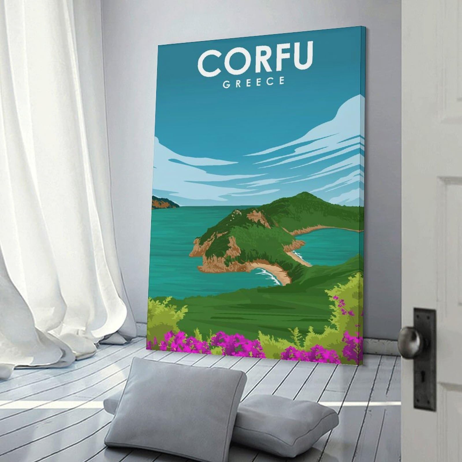 Junmoney Corfu Sunlit Serenity Art Home Decor Wall Art 08x12inch(20x30cm), for Office, Study Or Home Workspace, Home Office Artwork with Decorative Appeal