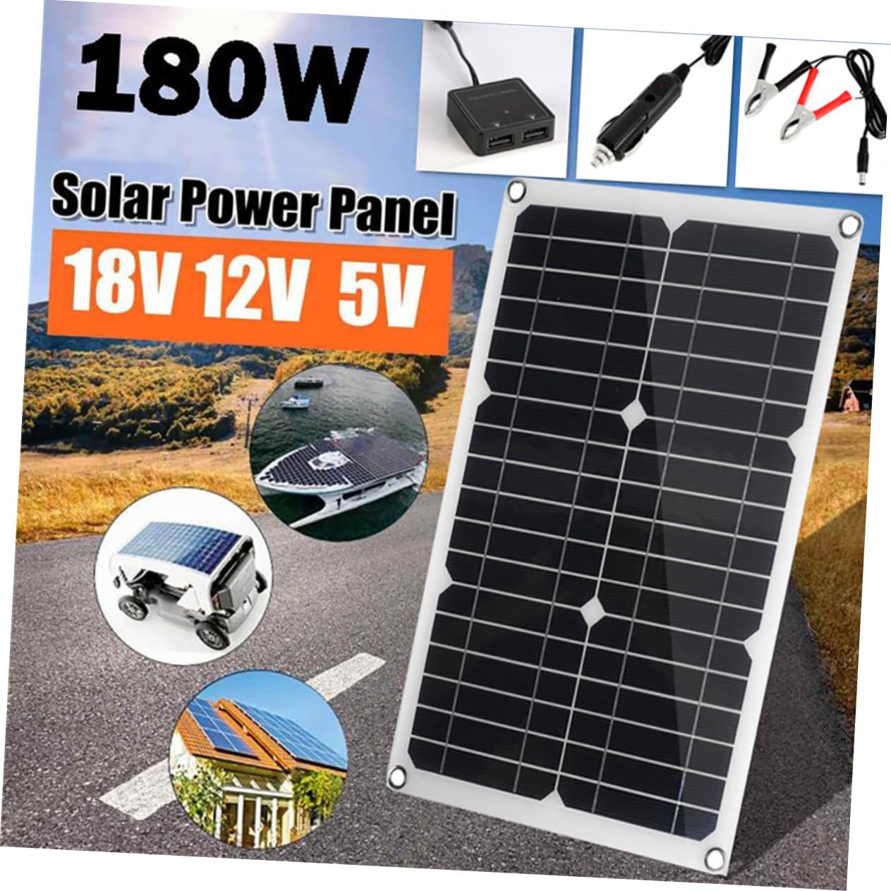 ibasenice Cargador Solar Kit De Panel Solar Para Autocaravanas Panel Portátil Dc Con Doble Puerto Usb De Energía Para Camping Barcos y
