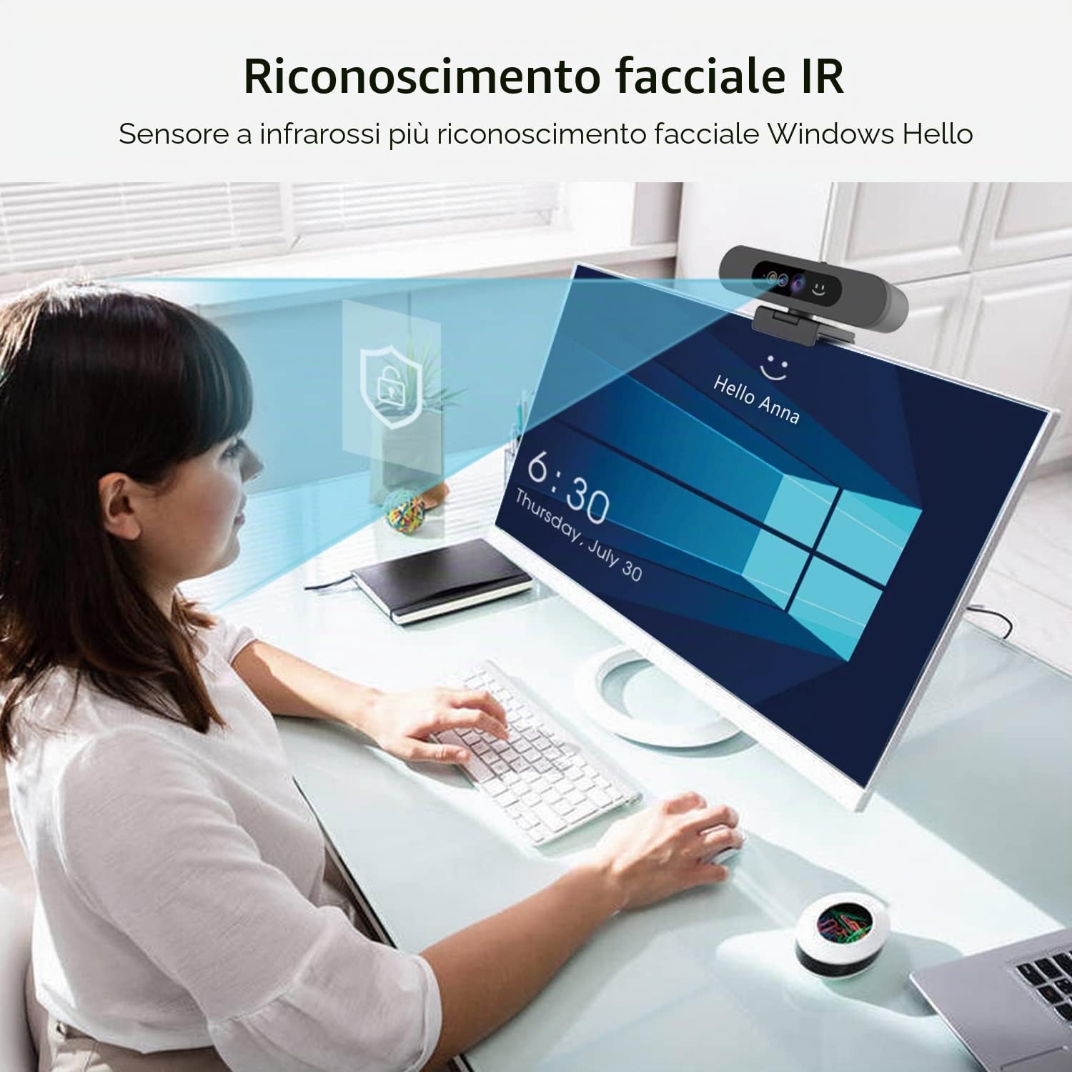 TOALLIN Webcam 1080P per Windows Hello, Fotocamera per riconoscimento facciale, Web cam compatibile con Windows Hello con microfono, Fotocamera per computer, Webcam grandangolare per videochiamate