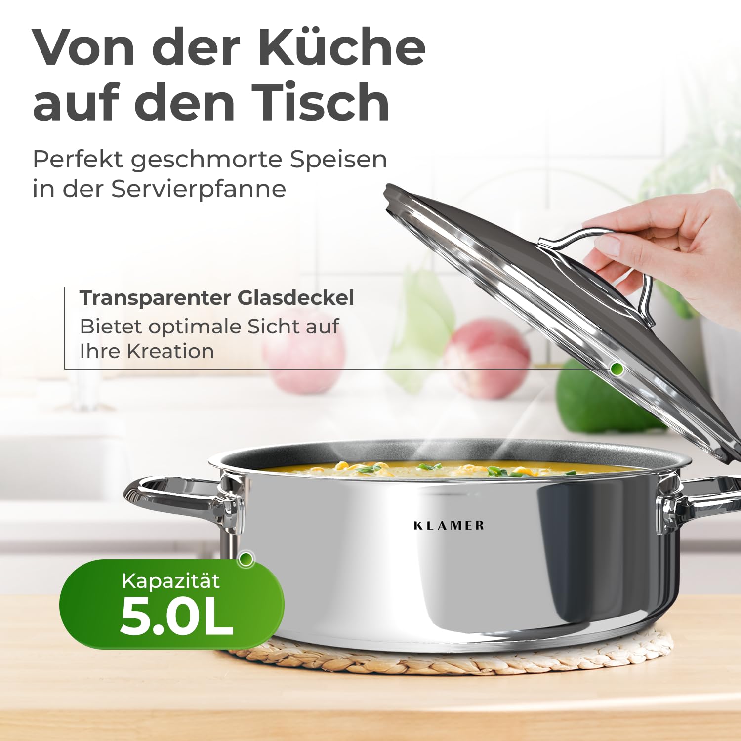 KLAMER Servierpfanne, Schmorpfanne mit Deckel 28cm Induktion, Edelstahl Schmortopf backofengeeignet, Schmorpfanne hoher Rand, Premium Beschichtung
