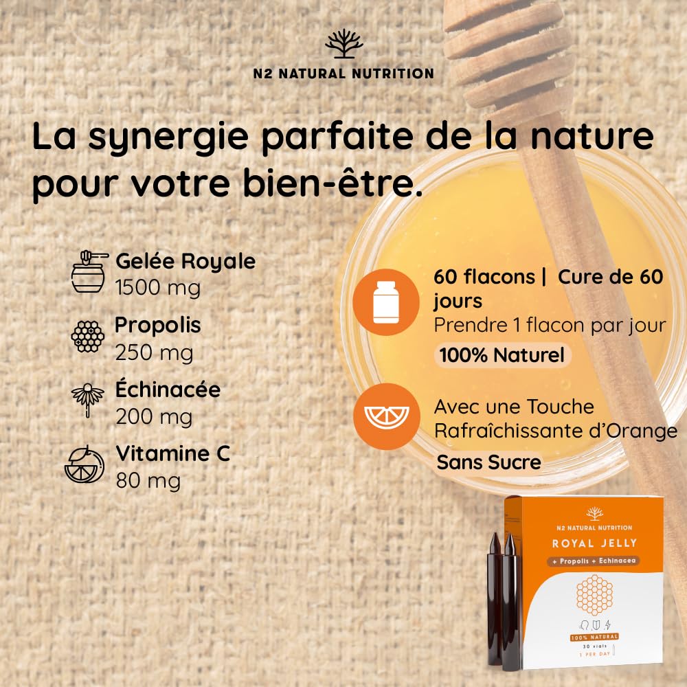 Gelee Royale Propolis Echinacea 200mg Vitamine C 60 Ampoules Anti Fatigue Royal Honey Renforcement Organisme Arôme Orange N2 Natural Nutrition