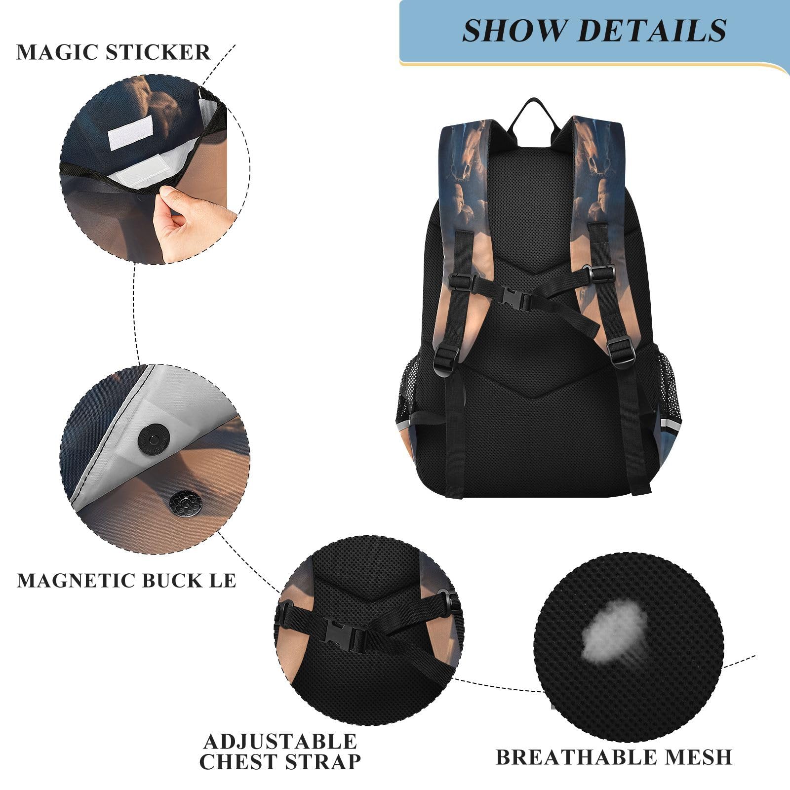 Poderoso Caballo Corriendo Naturaleza Mochila Escolar para Estudiantes,Mochila para Niños y Adolescentes Ideal para Viajes