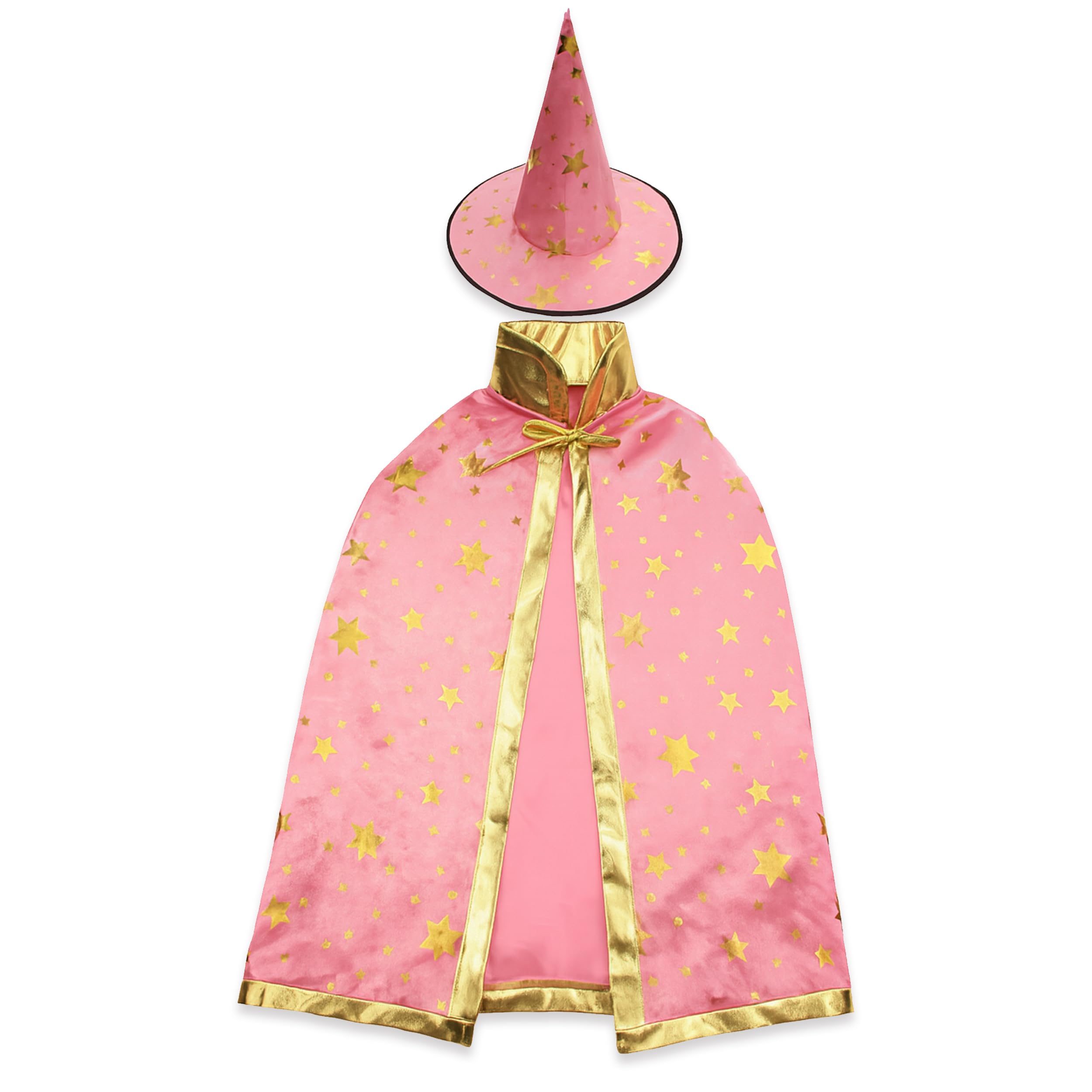 Pohotobooth Props Ltd Wizard Witch Hat or Hat & Cloak Set – Gold Star Print – Halloween Costume, Fancy Dress, Cosplay, Party Outfit (Pink Hat & Cloak Set) — image 1