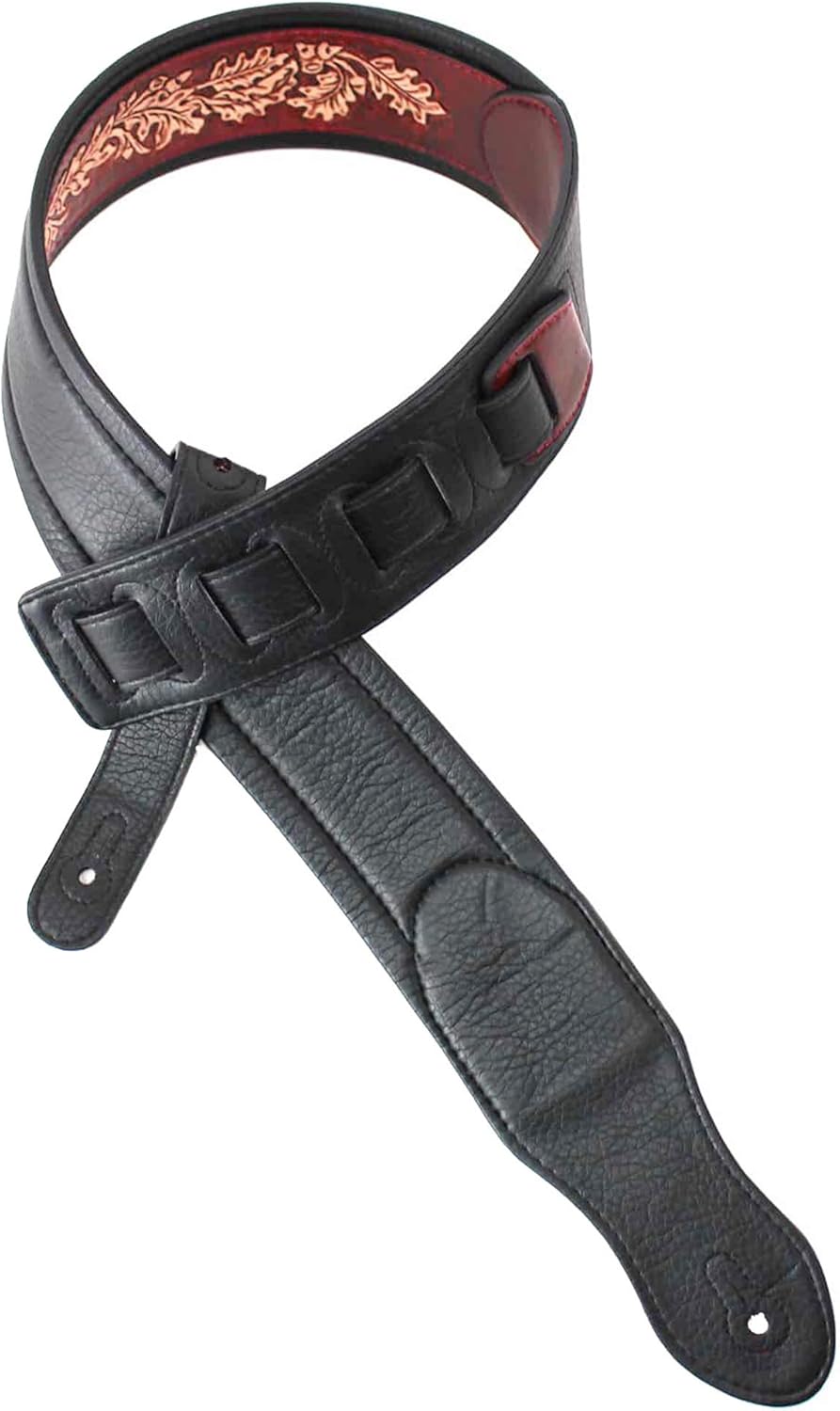Walker & Williams KB-03-RB Mahogany Brown Full Grain Center Block Carved Leather Padded Guitar Strap With American Eagle & Oak Leaves For Acoustic, Electric, And Bass Guitars
