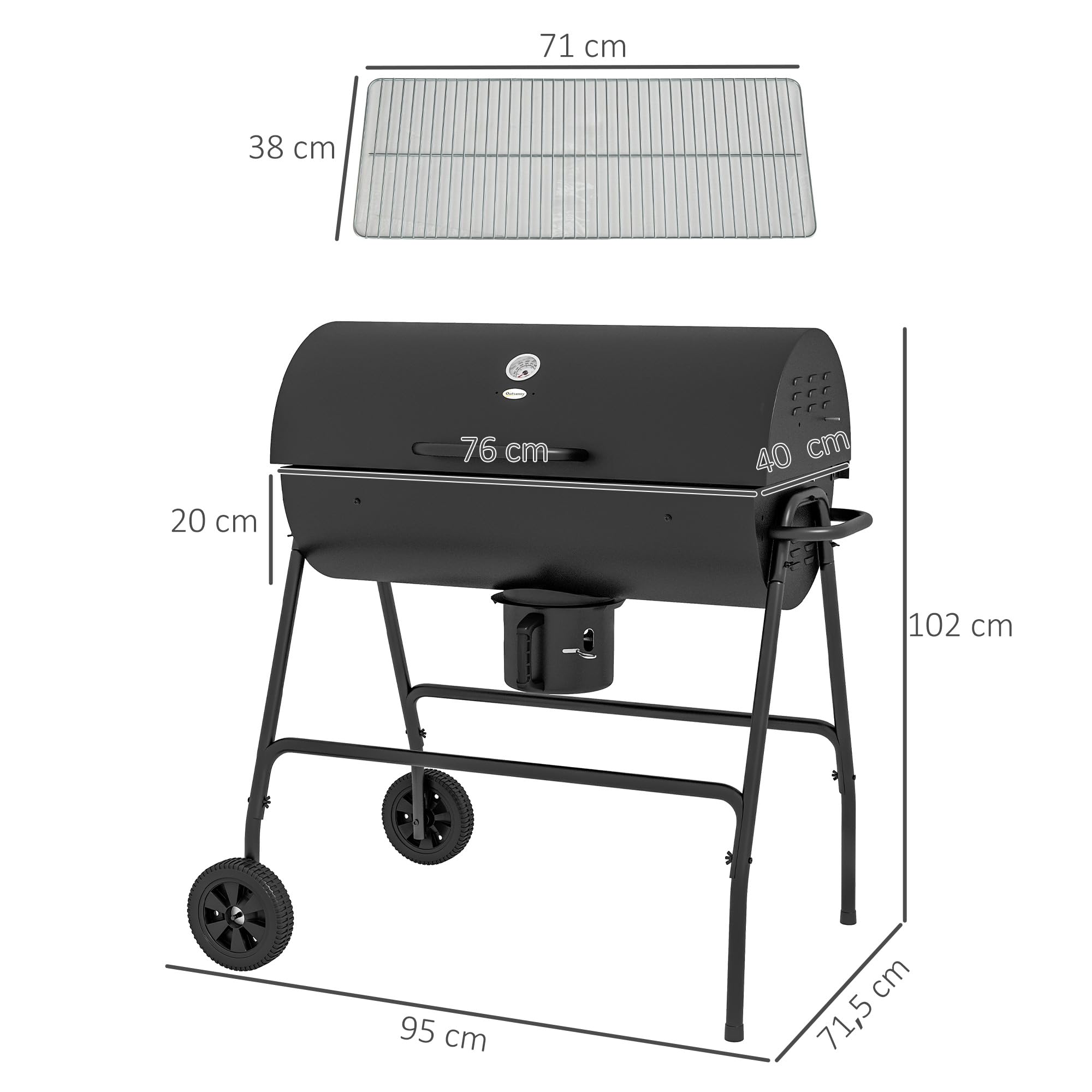 Outsunny Barbacoa de carbón vegetal con tapa, barbacoa de carbón de leña de gran tamaño con rejilla y termómetro, barbacoa con ruedas, asa, para jardín, patio, 95 x 71,5 x 102 cm, negro