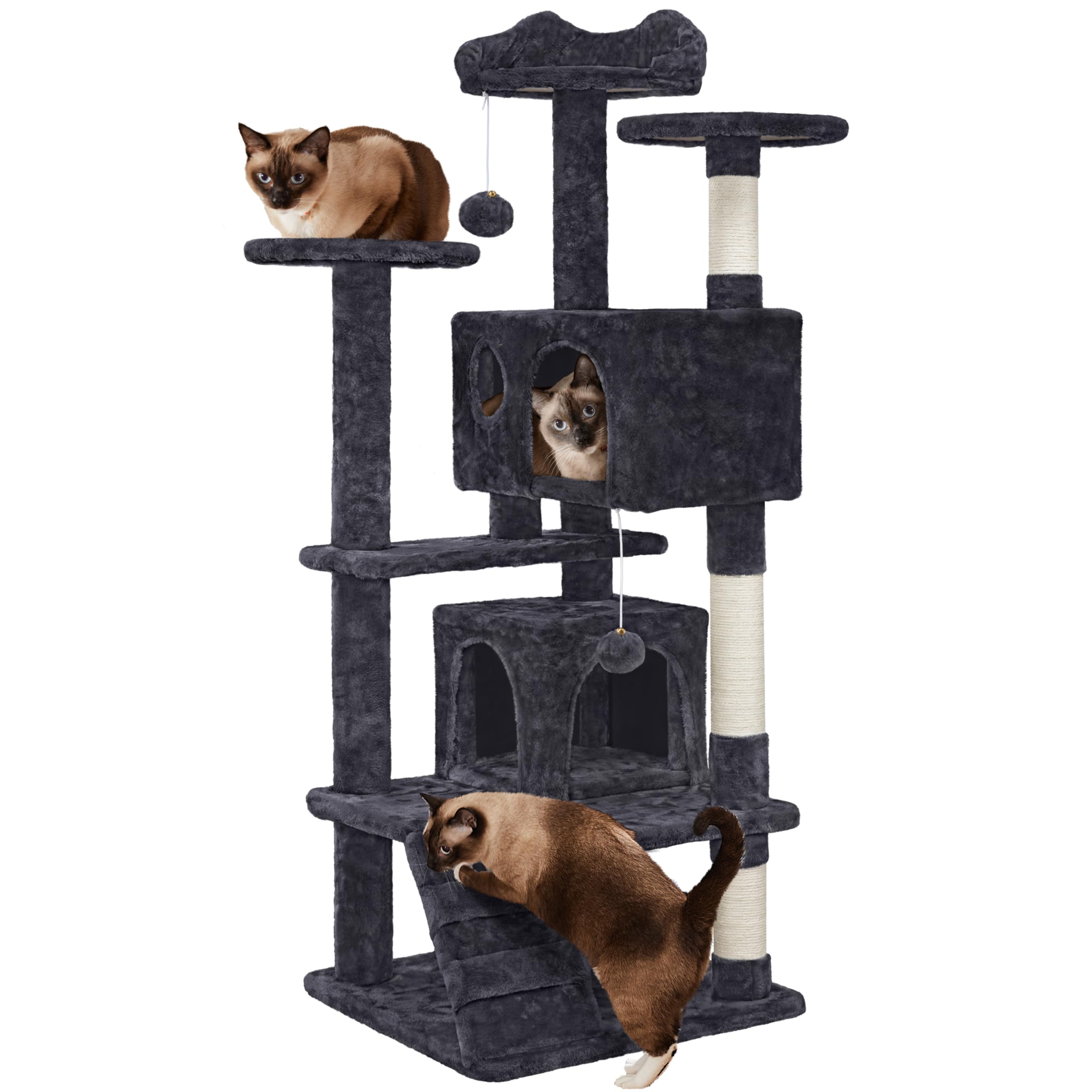 Yaheetech Árbol Rascador para Gatos 139cm con 3 Plataformas 2 Nidos 2 Pompones Torre de Escalador con Postes en Sisal Ideal para 3-4 Gatos Gris Oscuro — view 13