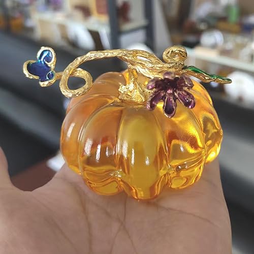 Miniatura 5 de Figuras coleccionables de calabaza de vidrio soplado de 2.5 pulgadas, pequeñas decoraciones de calabaza de cristal para cosecha de otoño, Halloween,