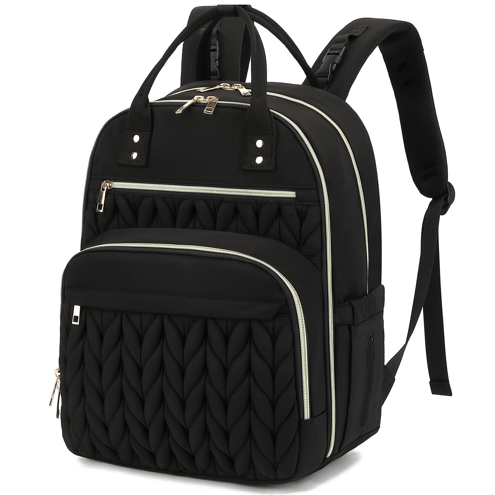 Kouxunt Quilted Baby Diaper Bag Backpack for Women, Baby Girls Boys Nappy Bags with Stroller Straps Insulated Pockets, Black, L, Modern