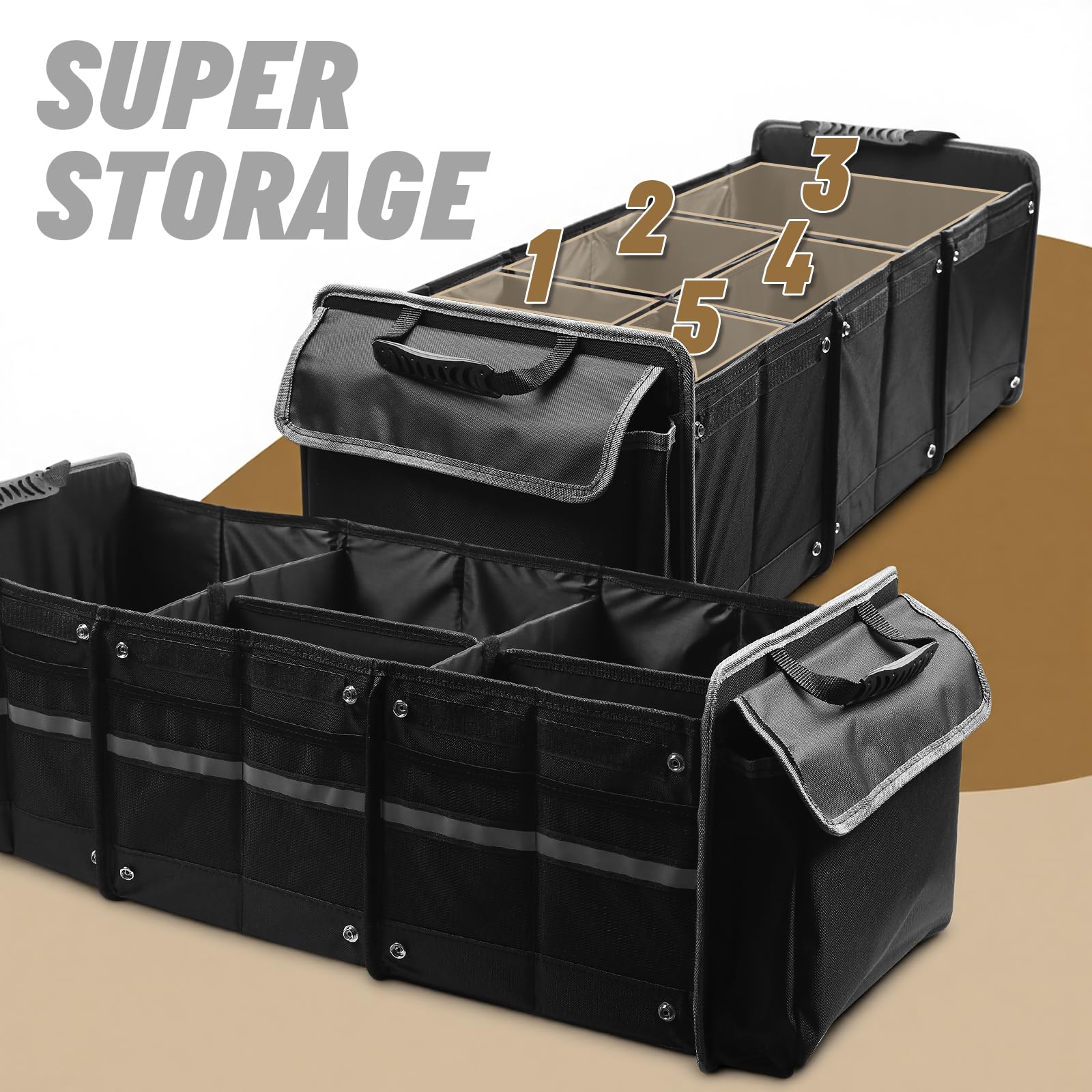Organizer per bagagliaio auto, 94 l, pieghevole 5 in 1, con borsa termica integrata, 3 scomparti extra grandi e coperchio, contenitore regolabile per SUV Kombi, campeggio e uso quotidiano