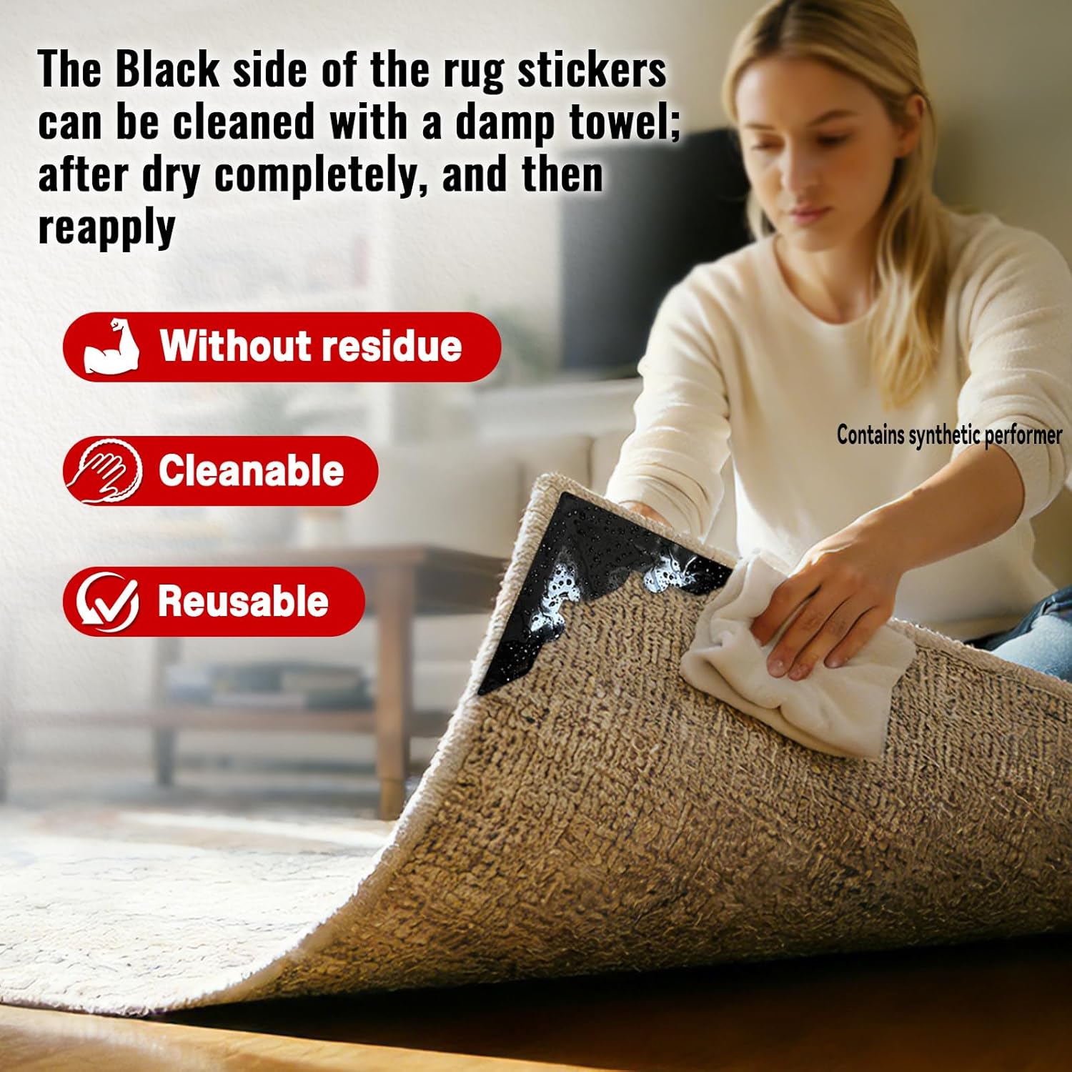 Rug Non Slip Grippers, Reusable Rug Tape, No Damaging for Floor, Carpet Corner Stickers for Hardwood Floors and Tiles, Strong Hold Carpet Gripper for Area Rugs, 8Pcs