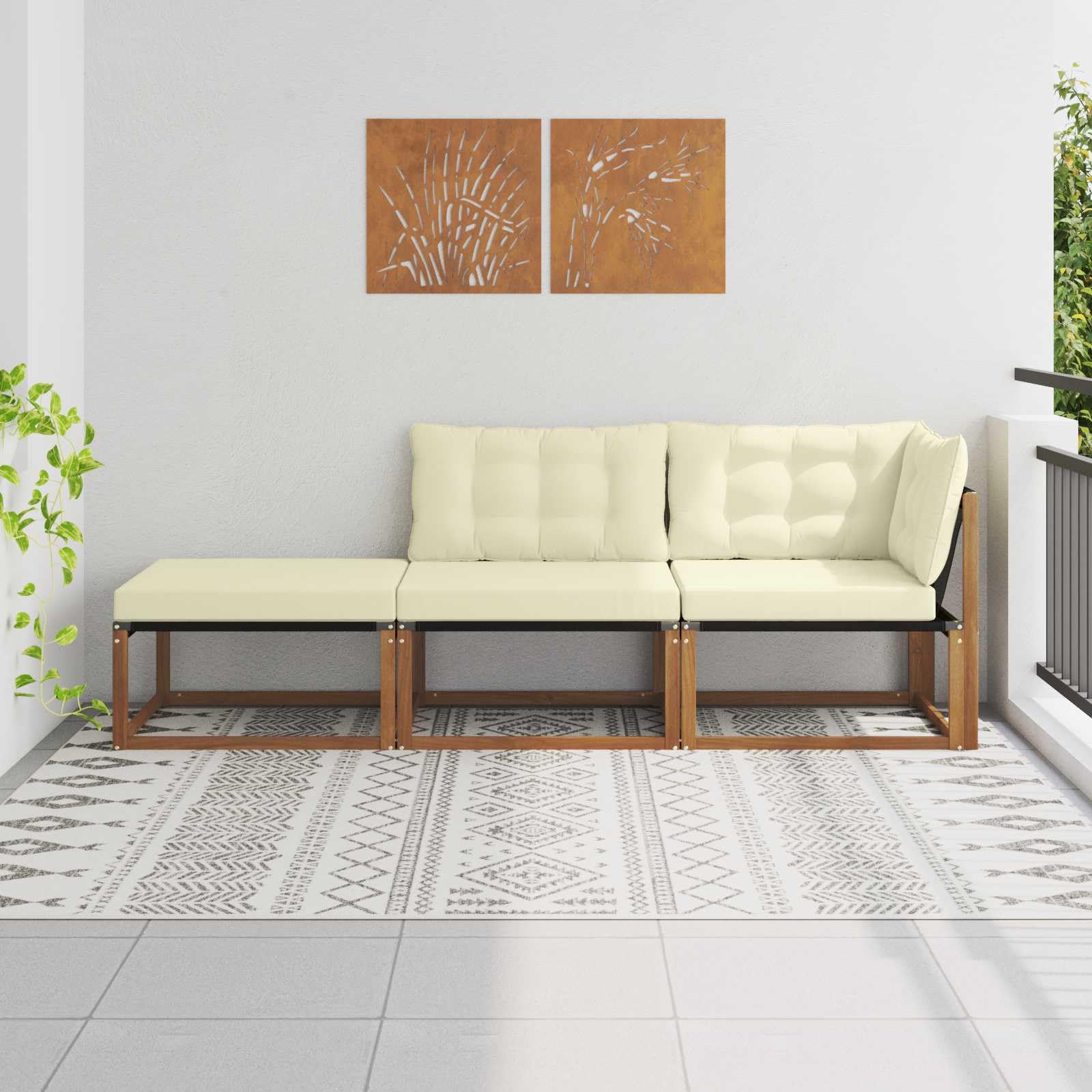 Ensemble canapé d Angle extérieur en Bois d Acacia Massif 3 pièces modulable sectionnel avec Pouf et Coussins textilène pour Patio Balcon véranda