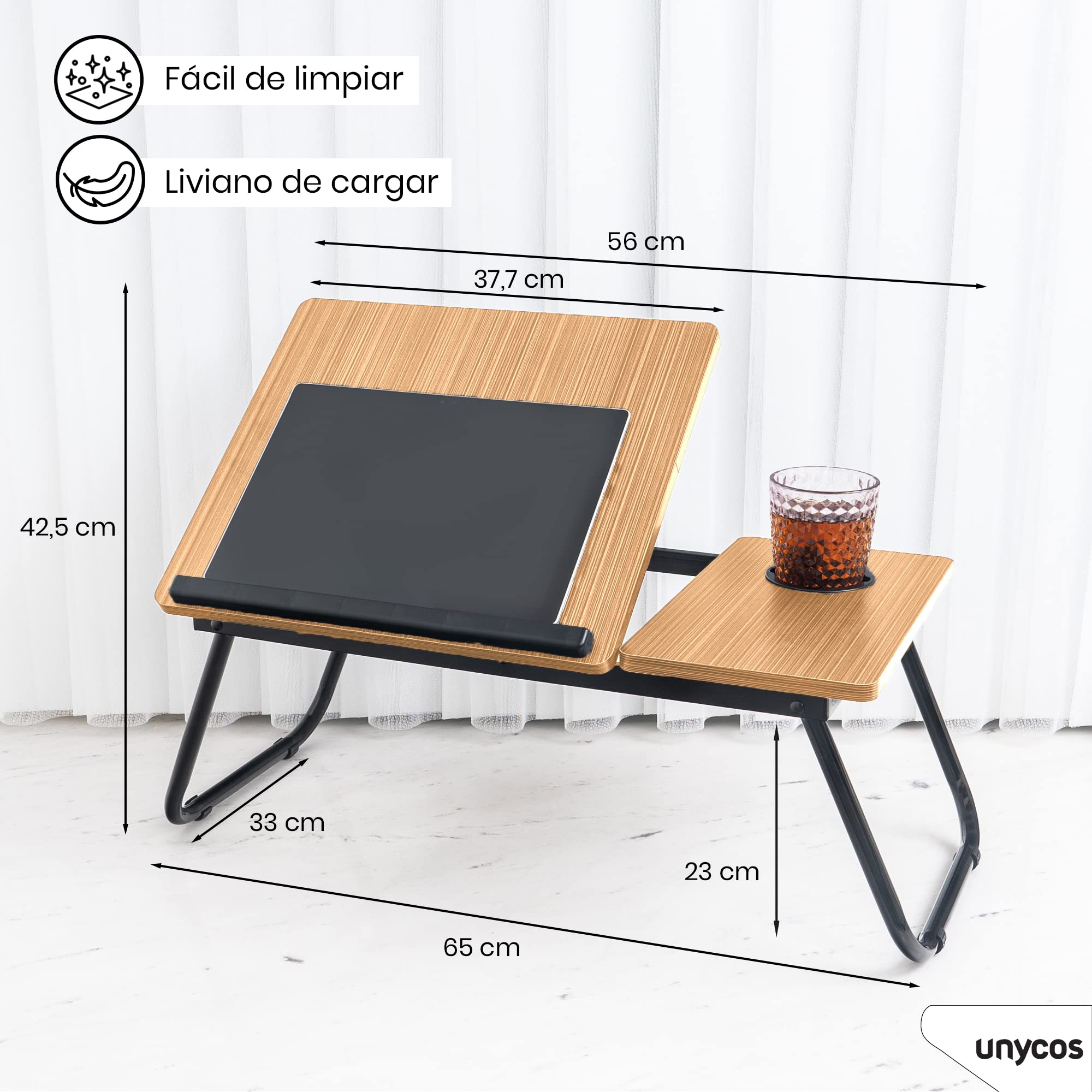 unycos - Bandeja para Cama y Sofá Reclinable, Mesa Plegable de Desayuno con Portavasos para Ordenador Portátil y Libros, Mesita Auxiliar en MDF/Acero/Plástico 56x33x23cm | 22,04" x12,99 x9,05 (Nuez) — view 3