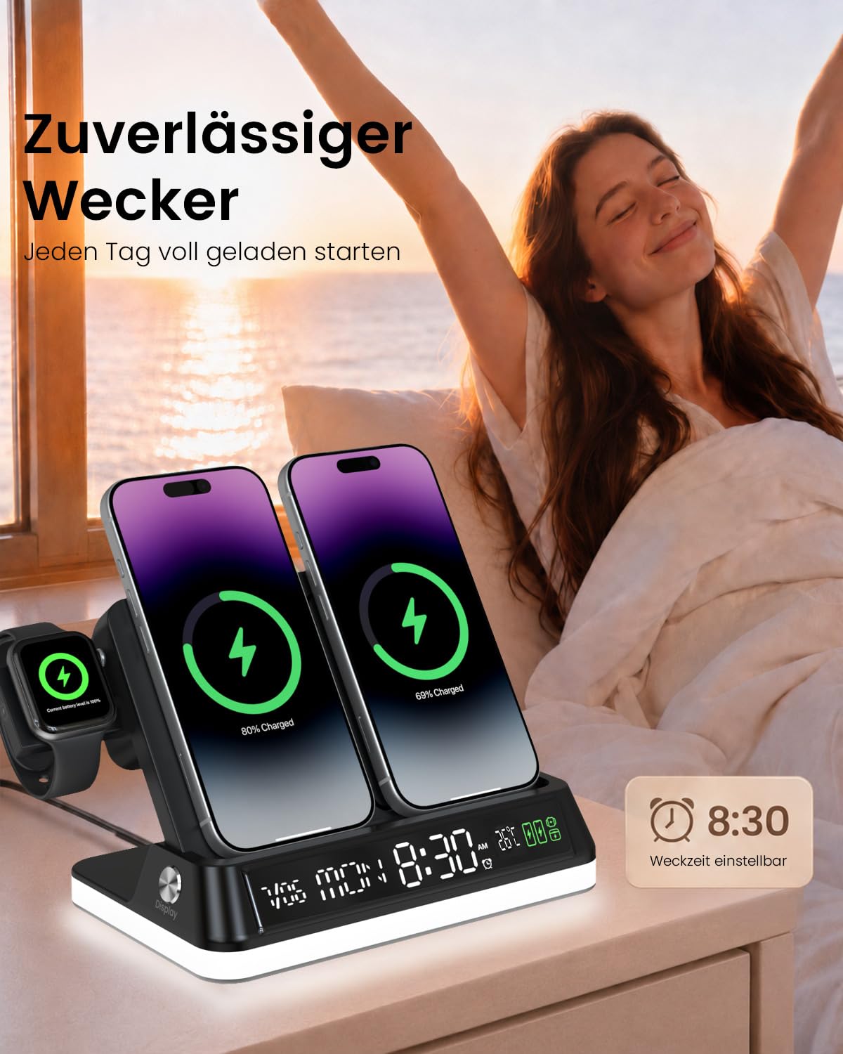 Goldjoy 7 in 1 Induktive Ladestation mit Uhr Sunset Nachtlicht Thermometer
