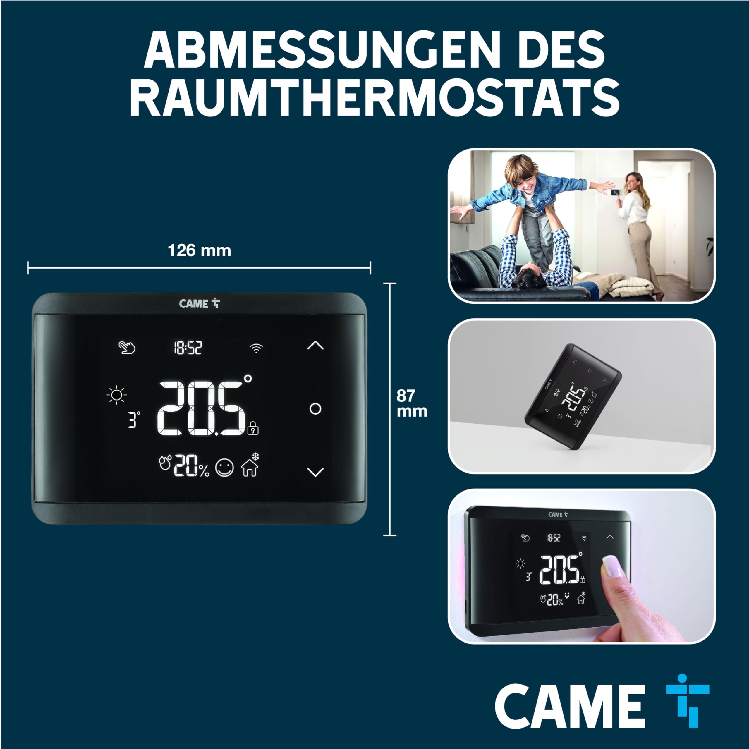 CAME Wand-Thermostat TH/750, WLAN, App und Touchscreen, Doppelrelais für Heizung und Klimatisierung, Hintergrund- und Statusbeleuchtetung, kompatibel mit Alexa und Google Home, Stromversorgung 230V