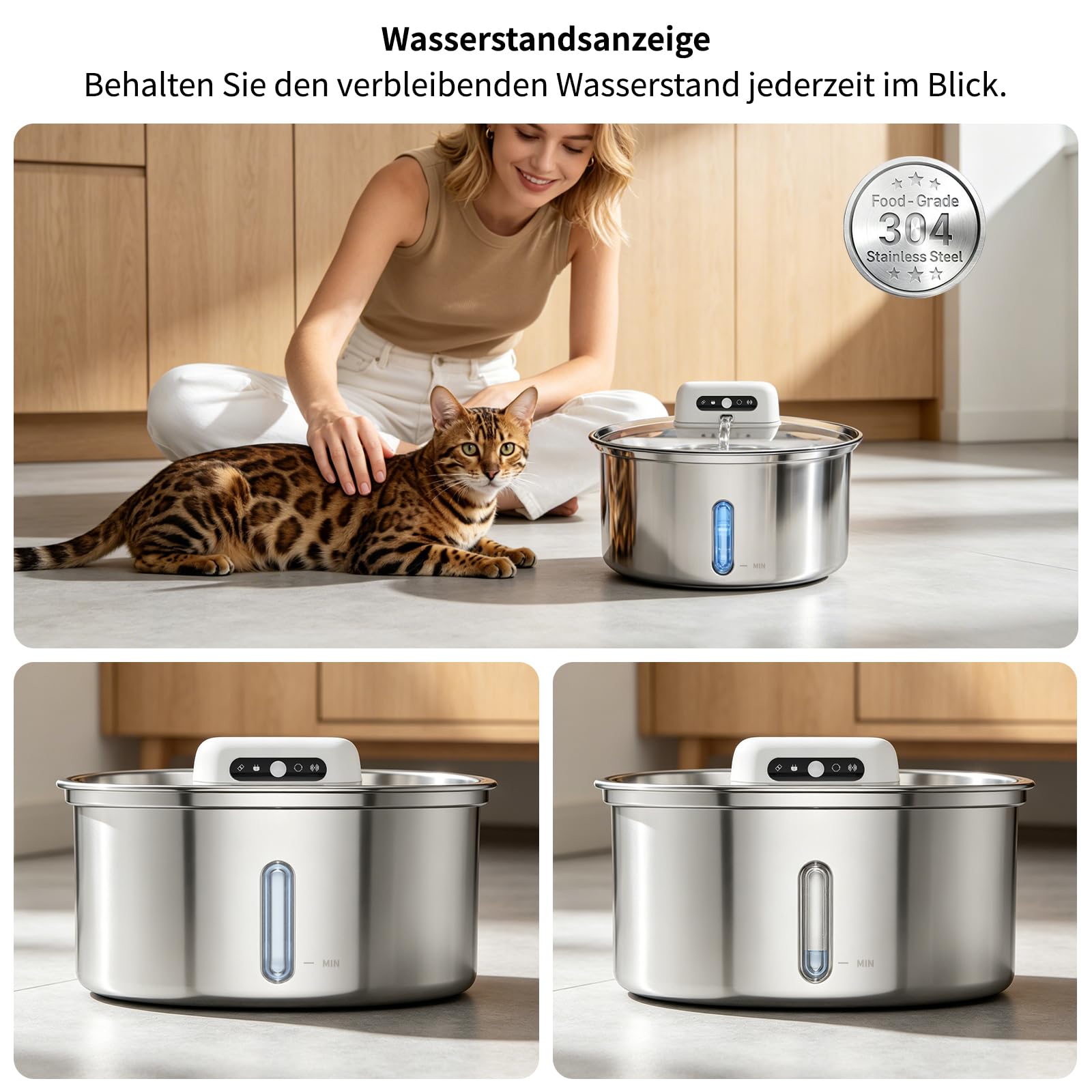 Katzenbrunnen Edelstahl 3.2L, Kabelloser Trinkbrunnen für Katze mit 4000mAh Akku, Wasserbrunnen für Katzen mit Bewegungsmelder, Leise & Spülmaschinenfester, Katzentrinkbrunnen für Hunde