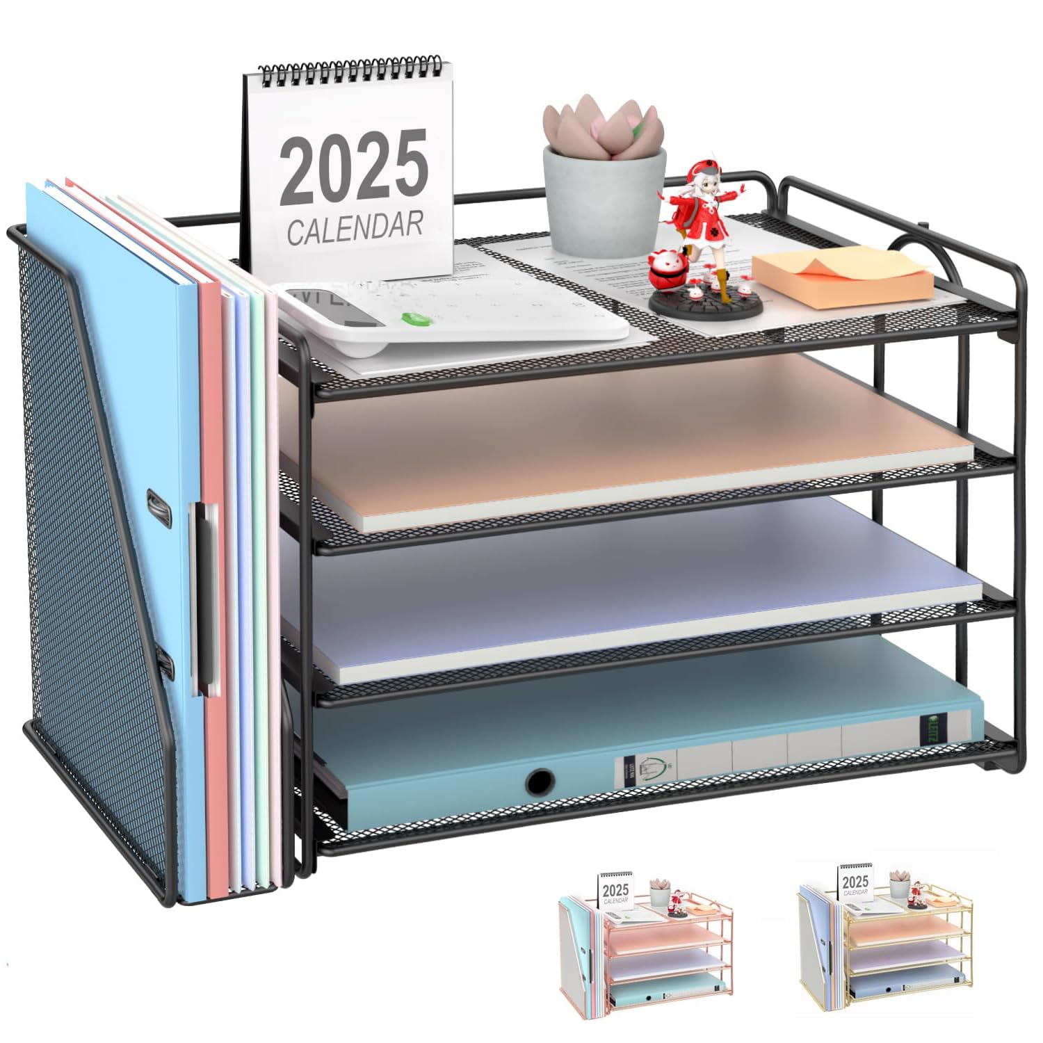 Desk Organiser with File Holder, 4-Tier Desktop Organiser Paper Tray, Mesh Office Desk Accessories with Magazine Holder, Desk Tidy for Home Office Supplies (Black)