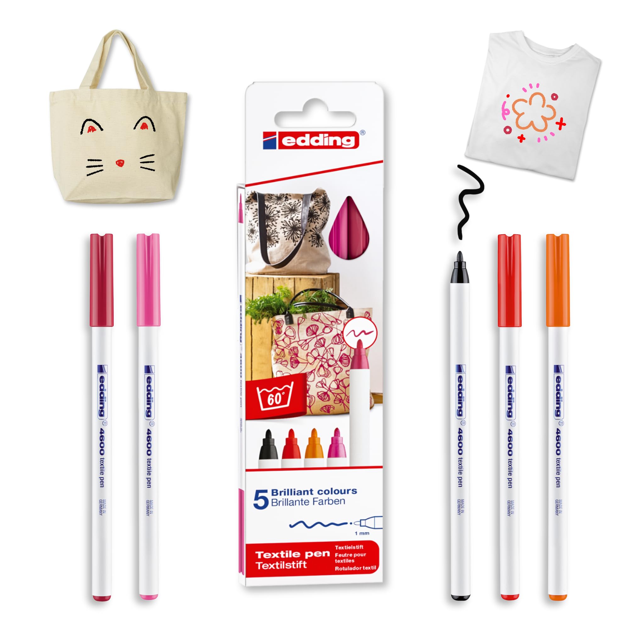 Edding 4600 – Pack with 5 Textile Markers – 1 mm Round Tip – Black, Red, Orange, Pink, Carmin