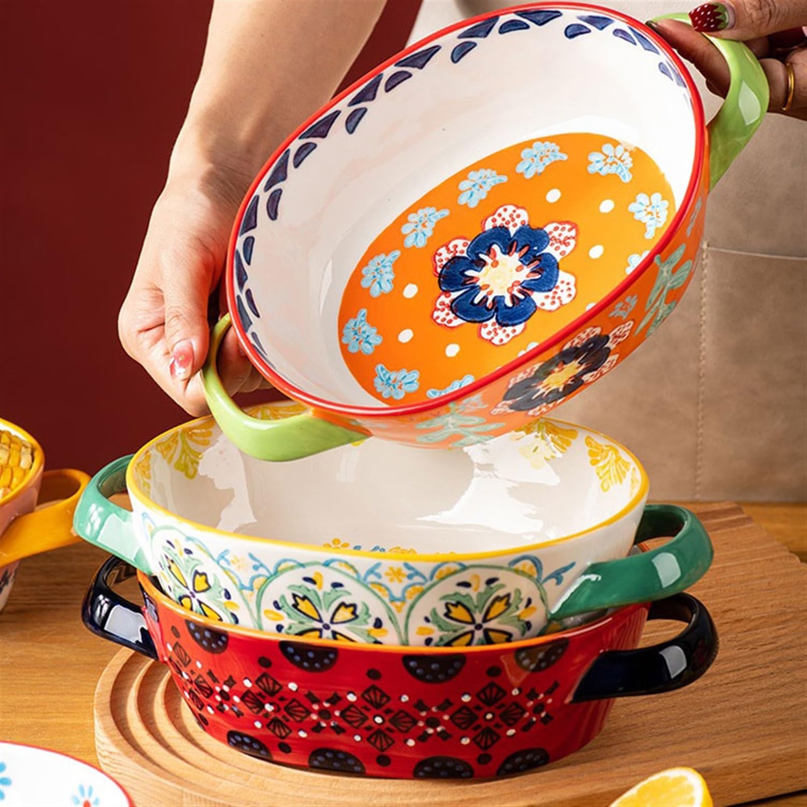Ceramiczna forma do lasagne, kreatywna, kolorowa naczynia, odporna na wysokie temperatury, blacha do pieczenia, talerz obiadowy, podwójne ucho, talerz do zupy, talerz na owoce, do użytku