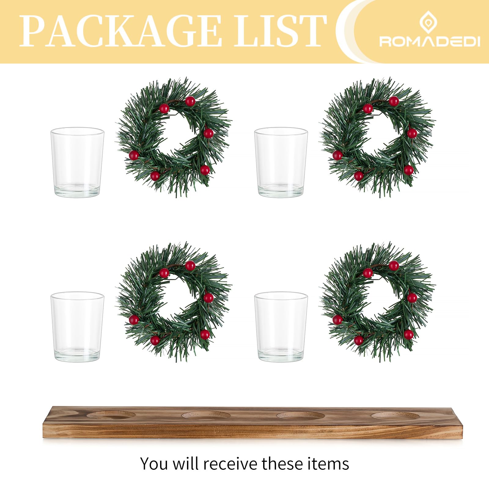 Romadedi Bougeoir de Noël pour centre de table - Décoration rustique - 4 photophores avec mini couronnes de Noël - Plateau en bois pour table de dîner d'hiver - Cadeau de 41 cm