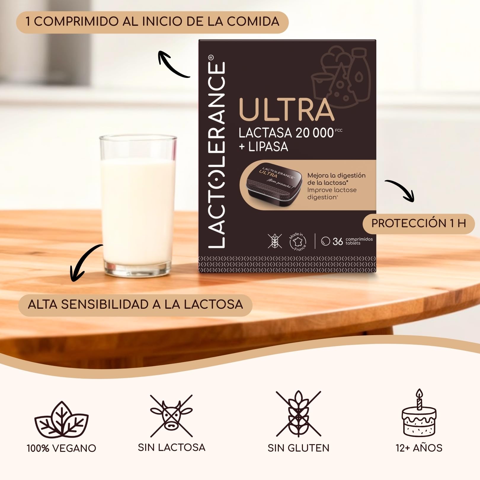 LACTOLERANCE ULTRA - Alta concentración de lactasa (20.000 FCC) y lipasa (500 UI) - Doble acción para la digestión de lactosa y grasas - Envase de 36 comprimidos - Fabricado en Francia