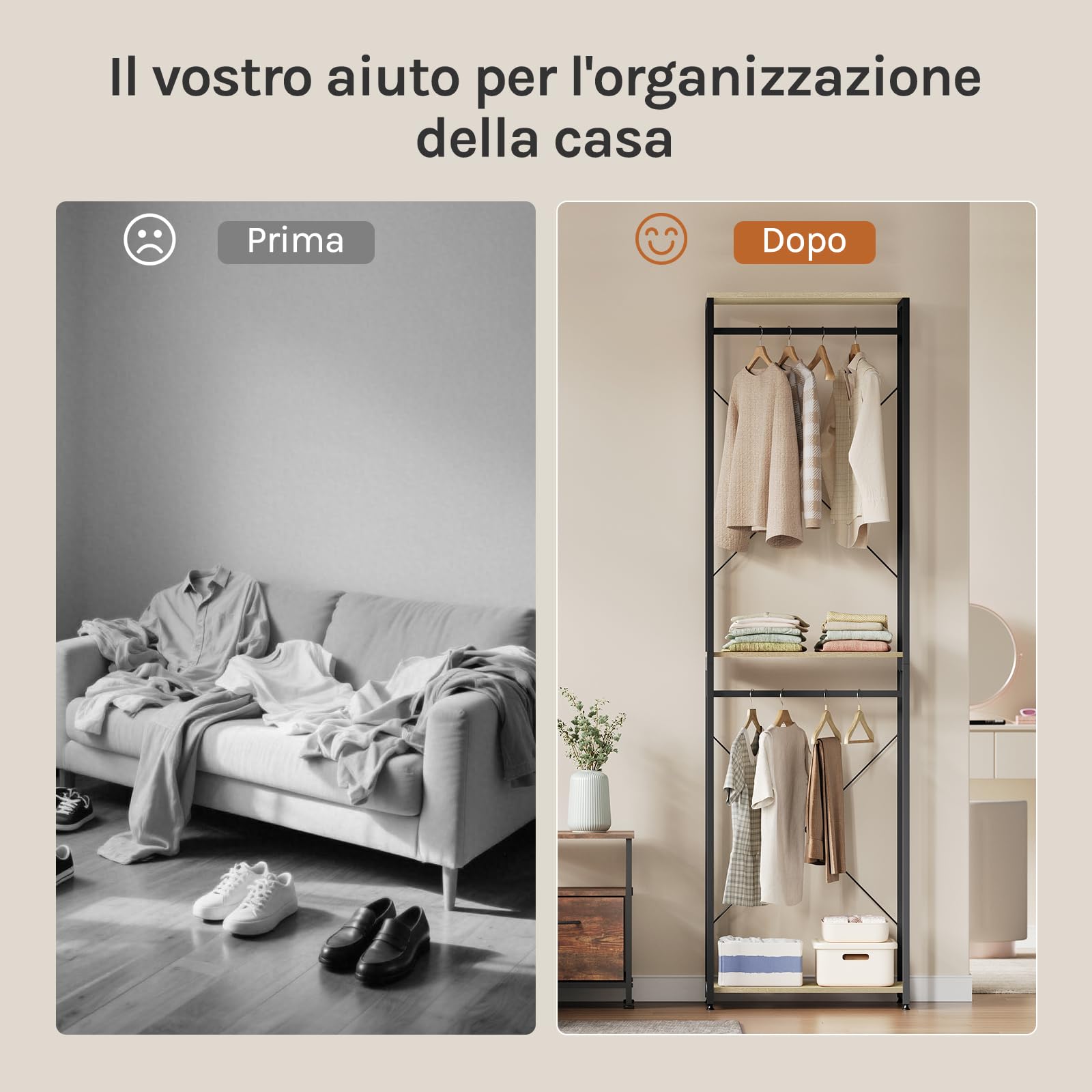 WOLTU Stand Appendiabiti in Legno Attaccapanni Guardaroba per Cameretta Scaffale Porta Abiti 60x40x213 cm