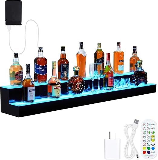 LED Lighted Liquor Bottle Display Shelf, 2 Tiers 60 Inch Acrylic Drink Shelves with Remote & App Control, and Multi-Color Lighting, Bar Bottle Display Shelf for Liquor Shelves
