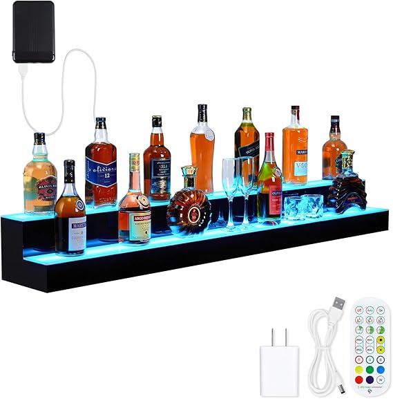 LED Lighted Liquor Bottle Display Shelf, 2 Tiers 60 Inch Acrylic Drink Shelves with Remote & App Control, and Multi-Color Lighting, Bar Bottle Display Shelf for Liquor Shelves
