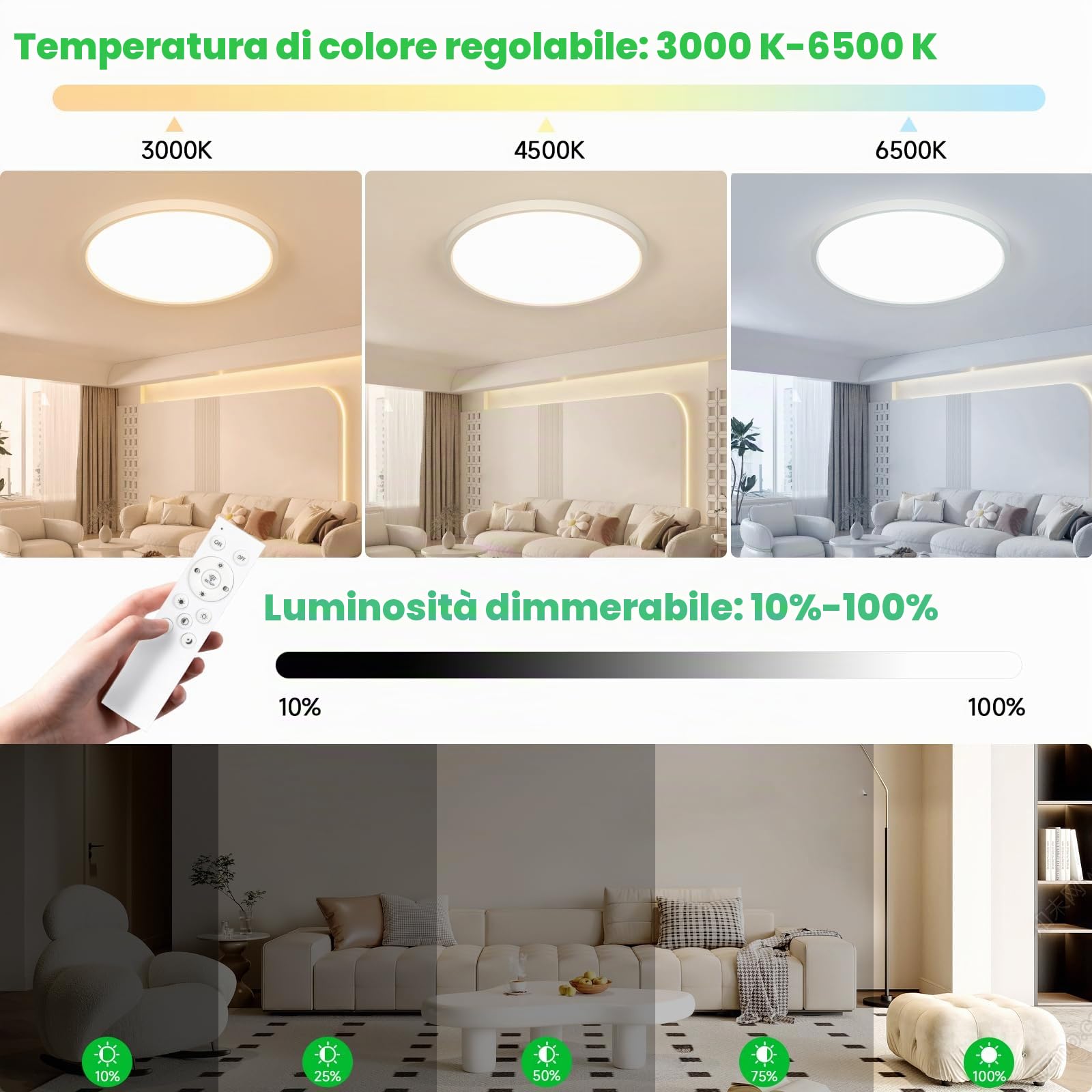 OTREN Plafoniera LED Soffitto Dimmerabile 52W 50CM Lampadario con Telecomando, Modalità Notturna e Memoria, 3000K–6500K, IP44 Impermeabile per Camera da Letto, Cucina e Bagno