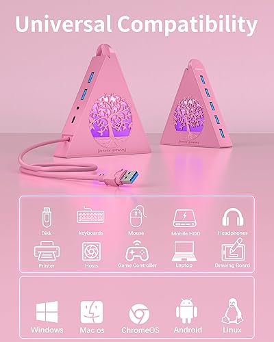 Vista 23 de 7 puertos USB 3.0, Hub USB Howling Wolf Pink – Cable de 2 pies de largo, expansor de concentrador USB vertical compatible con PC, laptop, unidad Rosa