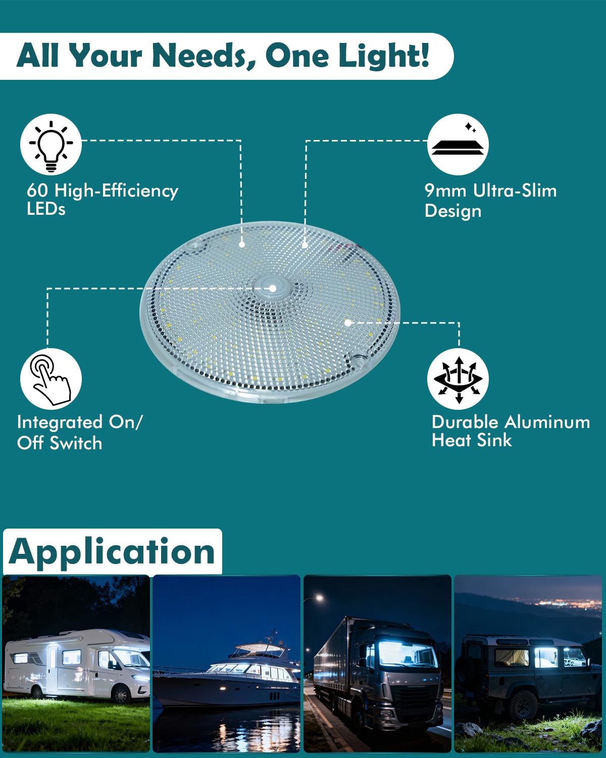 Ultrasmukłe Lampy LED 12V do Wnętrza Kampera z Włącznikiem, 60-LED Superjaśne Oświetlenie Sufitowe, DC 9-85V Szerokie Napięcie do Przyczepy, Vana, Ciężarówki, Łodzi (2 Sztuki)
