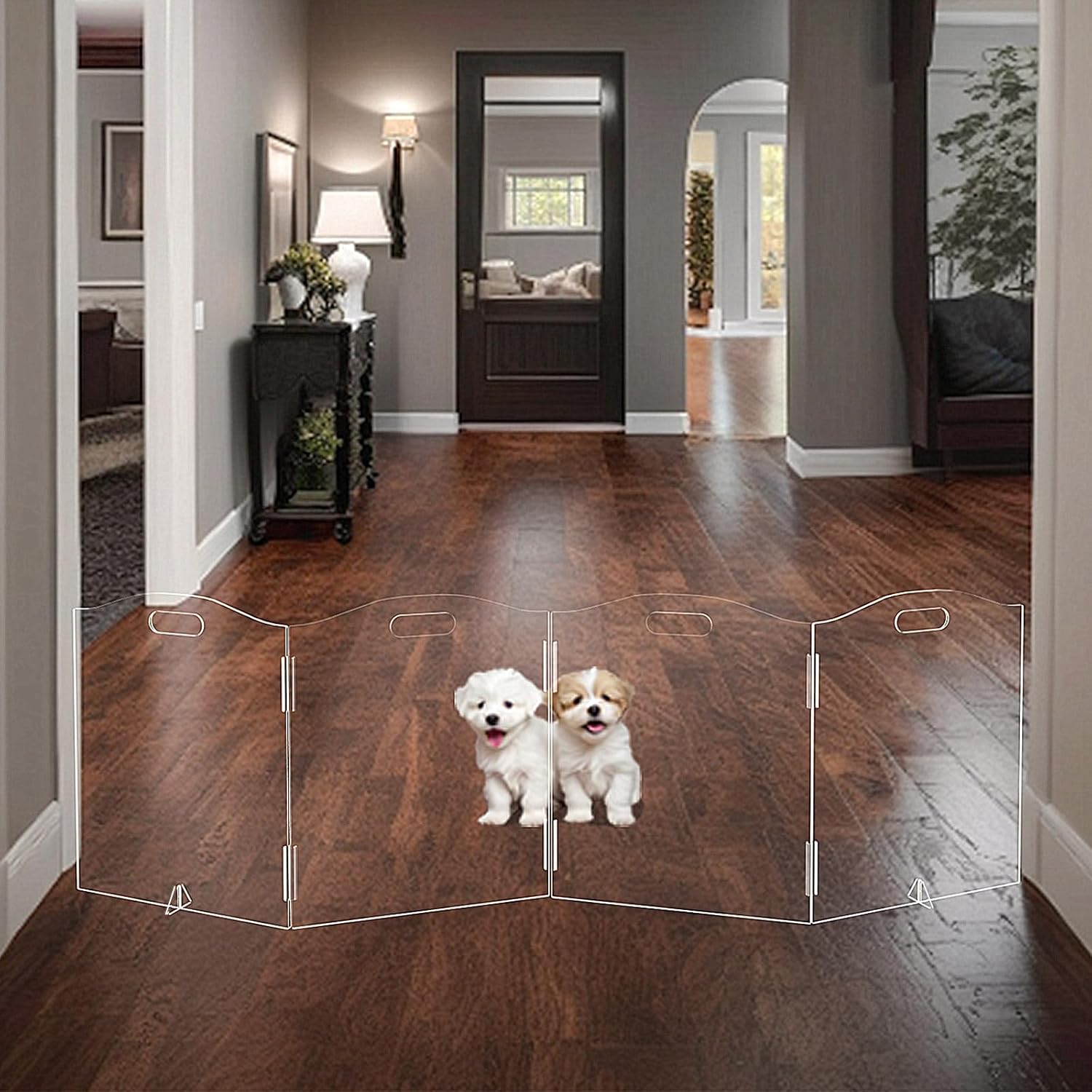 Clear Dog Fence Indoor with Support feet,Freestanding Dog Gate Foldable pet Gates for Stairs Pet Gate Pet Barrier Dog Barrier Puppy Fence Stylish Design for Home (4 Panels - 80''W x 23''H)