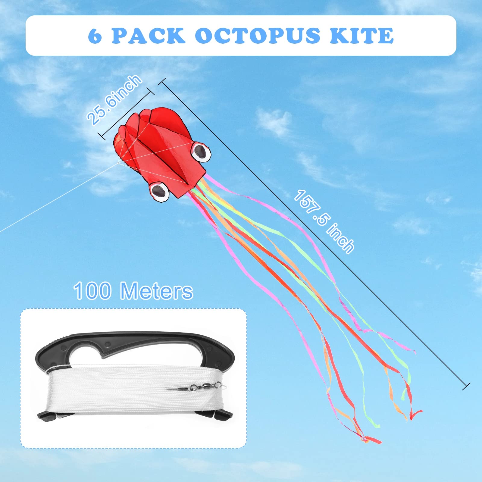 Skylety 6 Pieces Octopus Kite, Easy Flyer Kites with Long Tail, with a 100-meter Flying Line, Play with Kids on The Beach, Park, Outdoor Games and Activities - Image 2