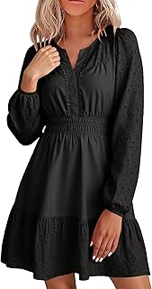 Womens Eyelet Long Sleeve Mini Dress 2025 Fall Boho Embroidery V Neck A Line Casual Short Party Dresses