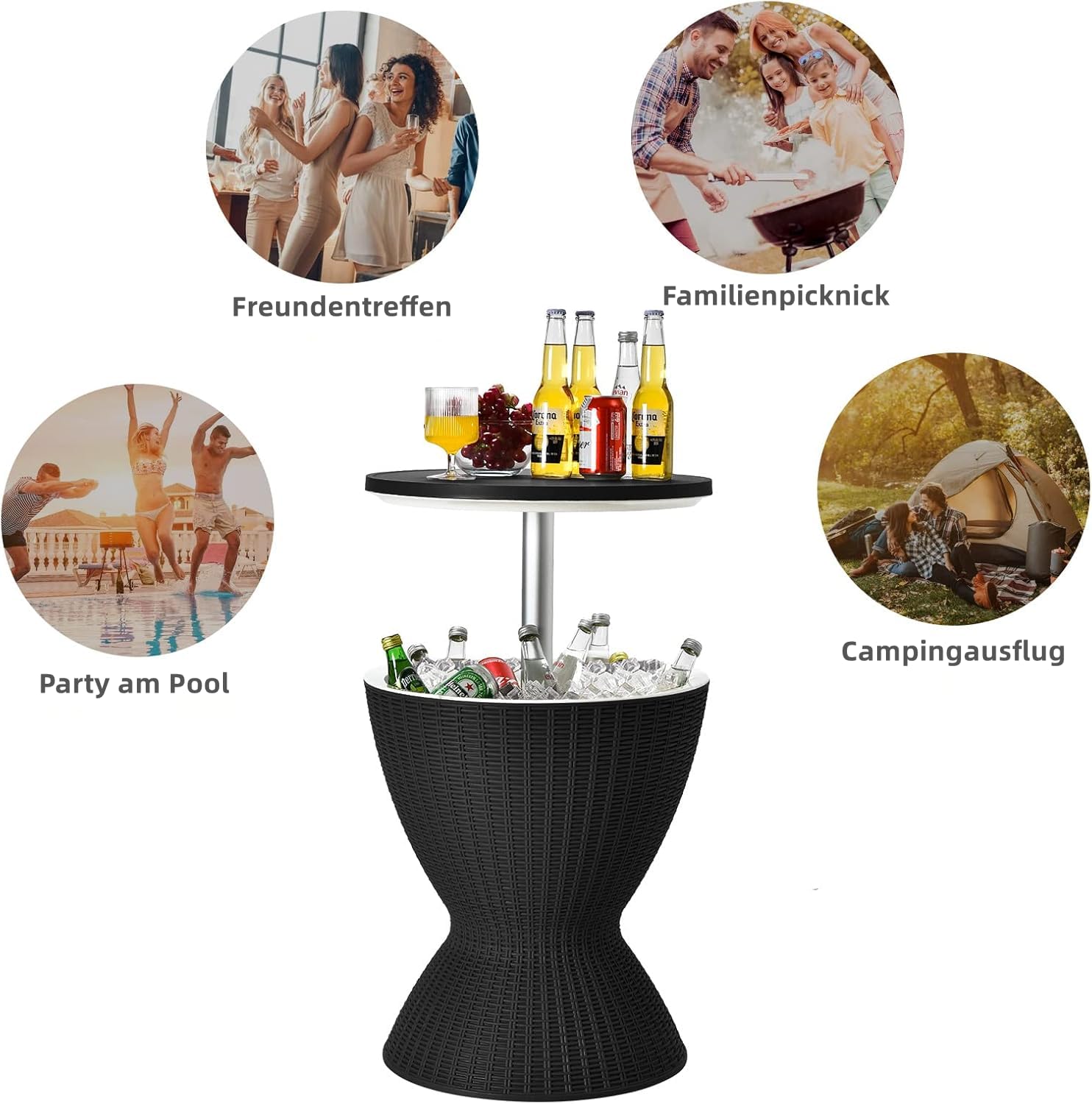 RELAX4LIFE 3 in 1 Beistelltisch Outdoor, Kühltisch in Rattanoptik, Getränkekühler höhenverstellbar, 30 L Cool Bar mit abnehmbarem Deckel & Abflussloch, bis 75kg belastbar, für Party & Camping, Schwarz