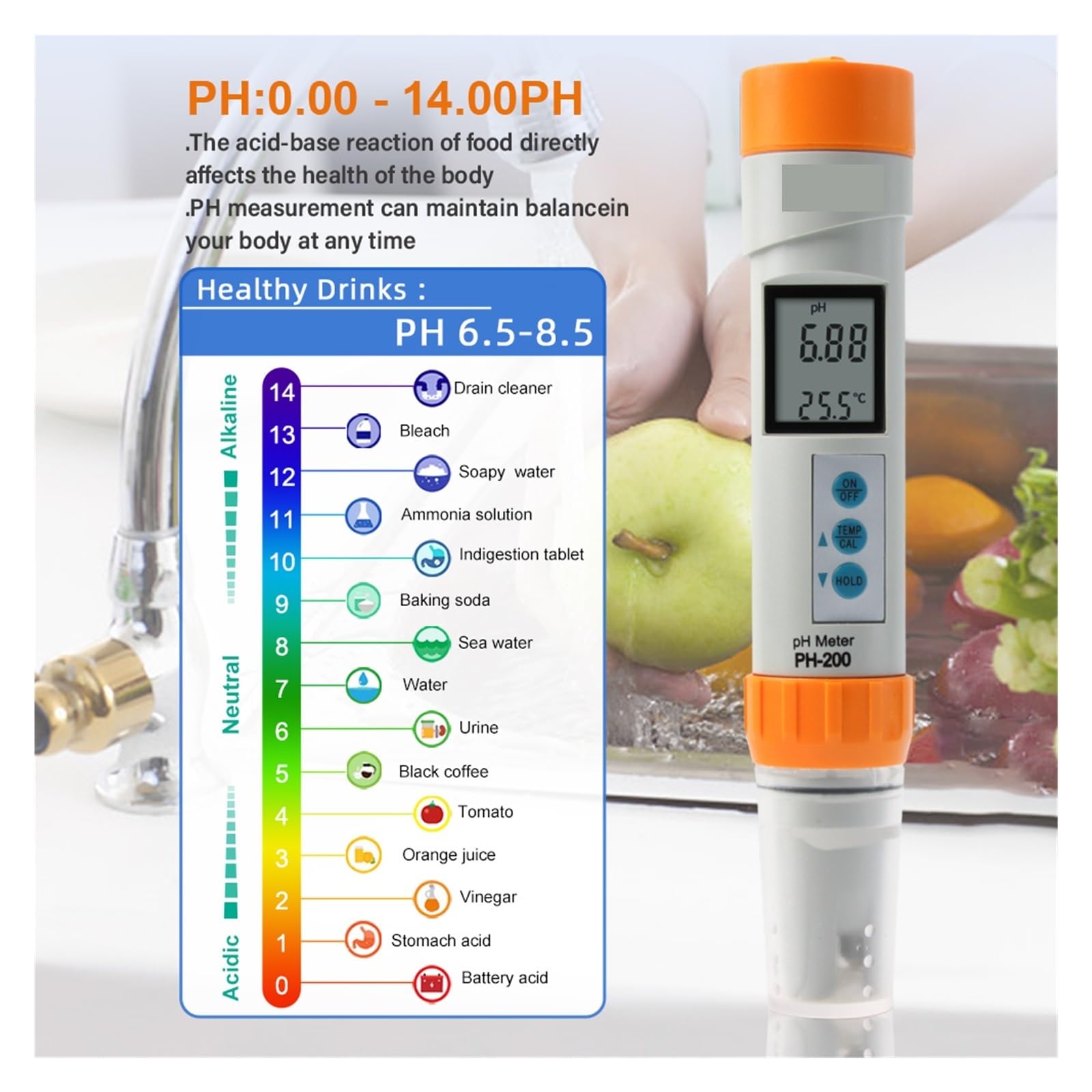 Cyfrowy PH-200 PH Miernik, Profesjonalny Tester PH Dla Basen I Akwarium, Monitor Kwasowości Wody Detektor Jakości 0-14 Ph, ATC