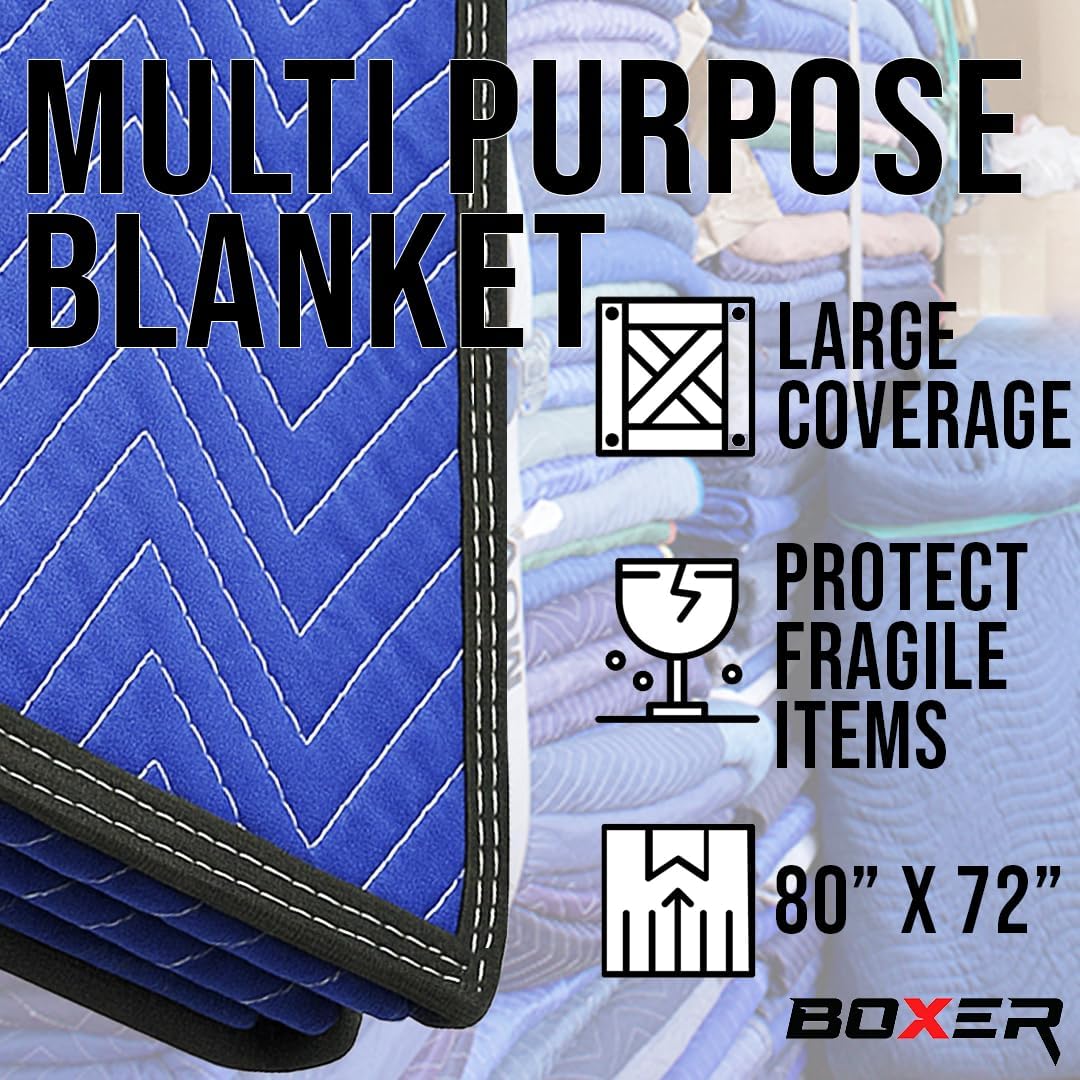 Boxer 80in x 72in - 6 Pack Non-Woven Universal Moving Blanket, Multipurpose, Lightweight, Blue Color, Scratch Protection - (43lbs/Doz Weight)