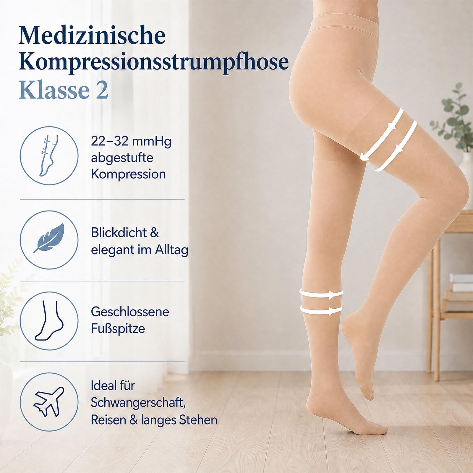Medizinische Kompressionsstrumpfhose Damen Lang 22-32mmHg Klasse 2,Blickdichte Stützstrumpfhose mit Geschlossener Fußspitze,Kompressionsstrümpfe für Schwangerschaft Lipödem Flug & Krampfade Ödeme