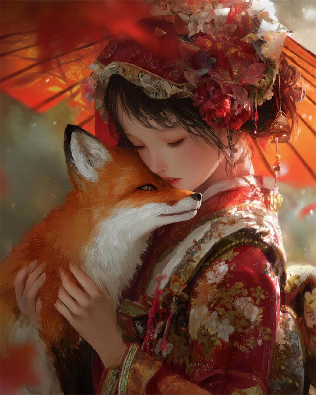 RKFLGEW 14CT Stamped Cross Stitch Kits Fantasy Kimono Girl DIY Cross Stitch Patterns Kits Crafts Needlework Embroidery Set for Home Decor 40x50cm