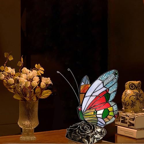 Miniatura 3 de Lámpara de mesa Tiffany LED azul rojo mariposa vidrieras lámparas de mesa de noche interruptor de apagado lámpara de escritorio de oficina en casa