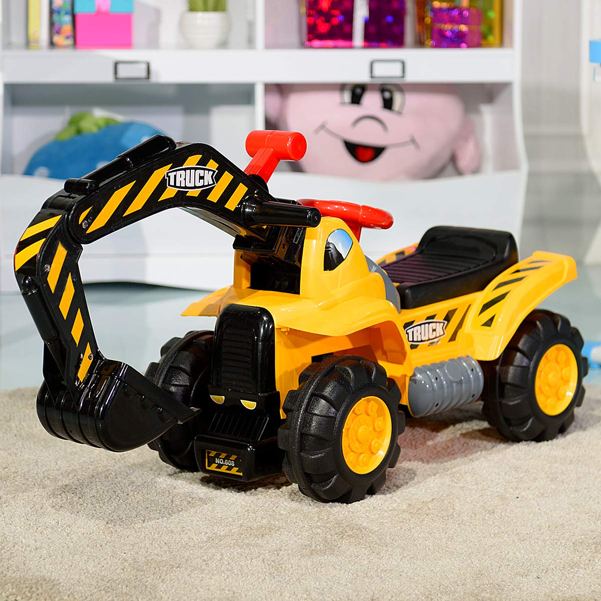 COSTWAY Ruspa Elettrica Multifunzione per Bambini, Escavatore Giocattolo Cavalcabile Elettrica, con Pietra ed Casco, Regalo per Bambini 3 Anni+, 89x45x30 cm