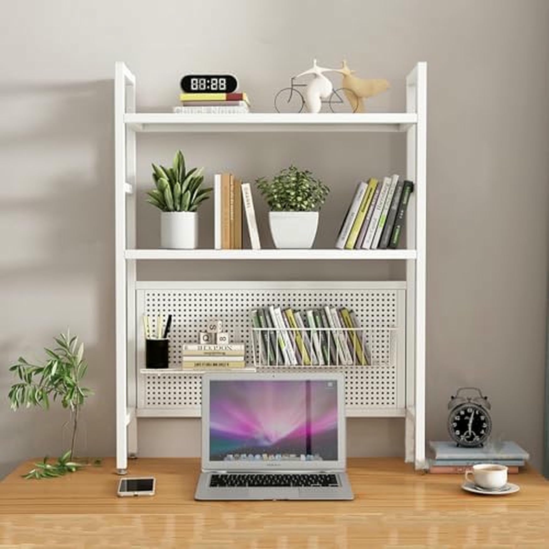CWCQGH Black Desktop Hutch & Bookshelf - 95cm Student Pegboard Bookcase for Dormitory & Home Office - Computer Desk Storage Rack & Display, Single Layer Organization Solution,White Double Layer-75cm