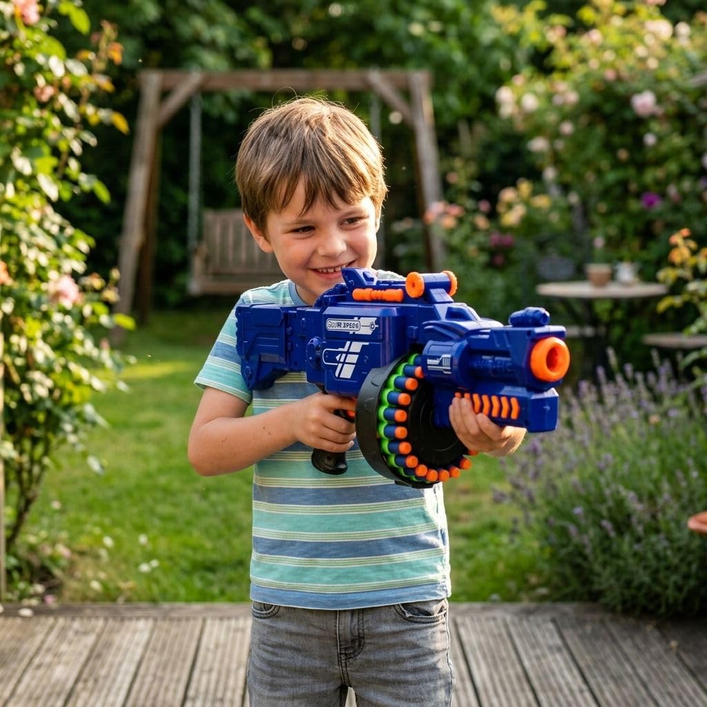 Elektryczny pistolet do zabawek Blaze Storm, 40 rzutek piankowych | Certyfikat CE, zasilanie 5 bateriami AA, automatyczna obrotowa strzelanka do celu, strzelanka