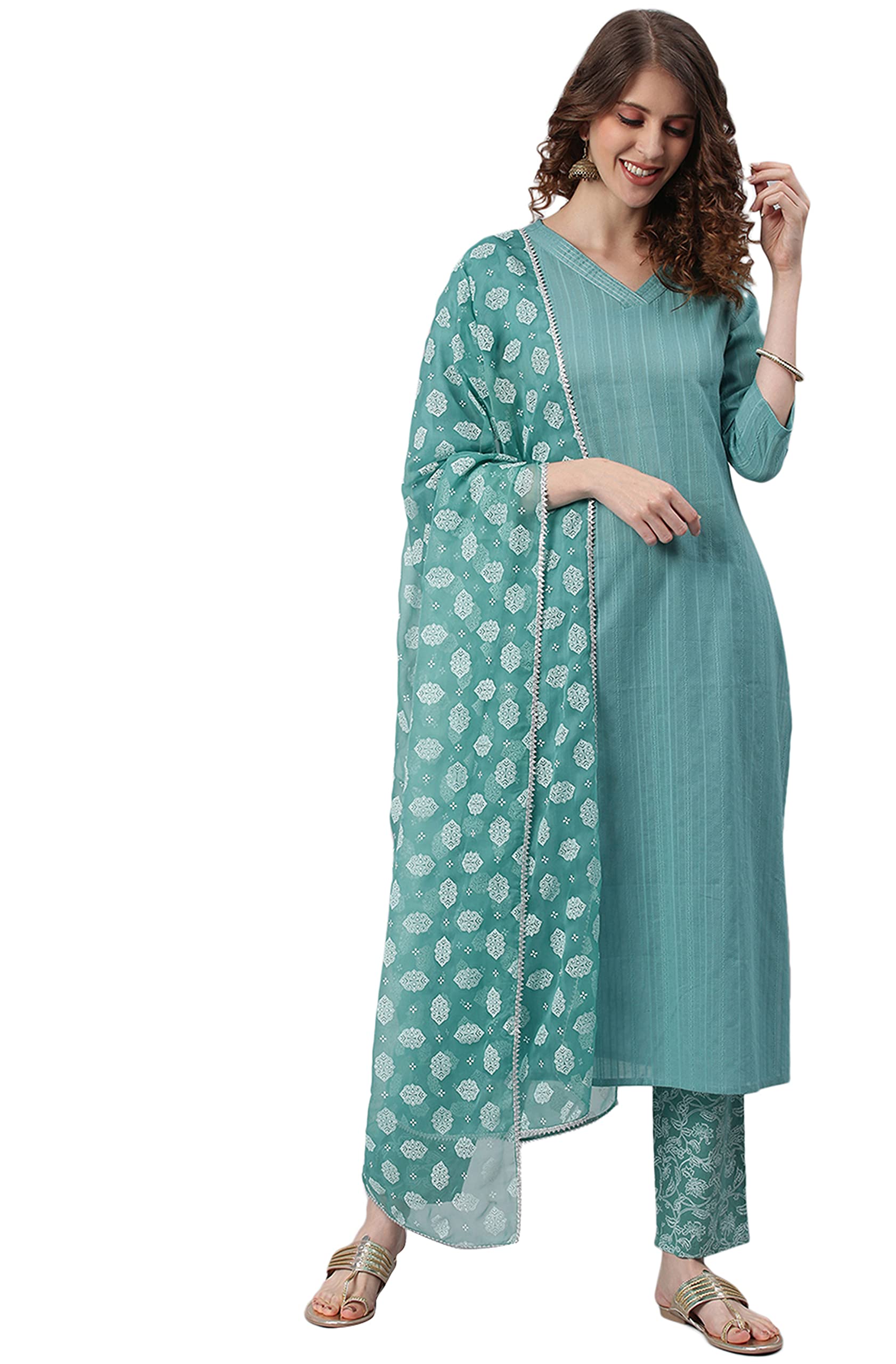JanasyaIndian Women's Blue Cotton Kurta with Pant and Printed Dupatta