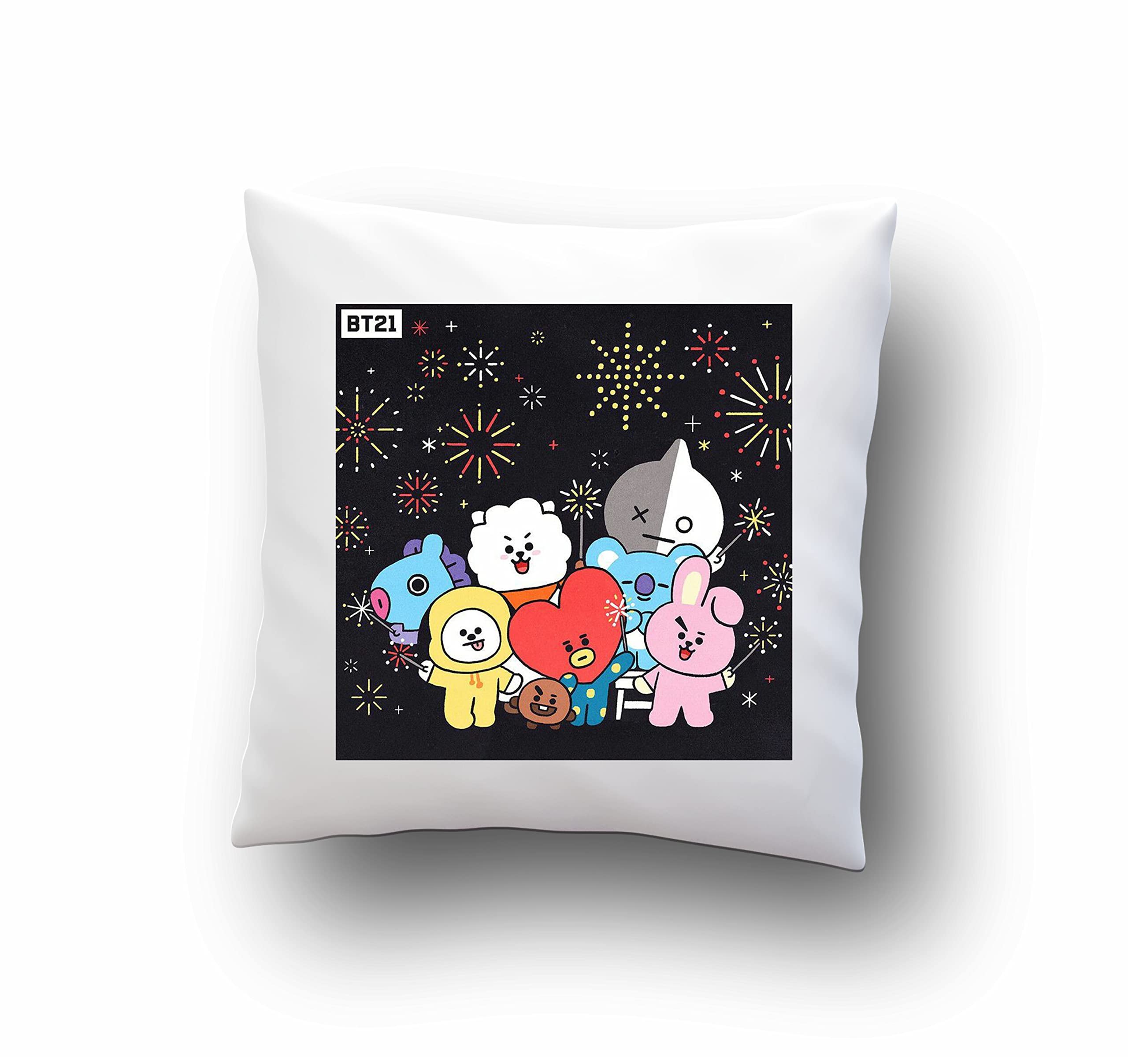 CRAFT MANIACS Officially Licensed BTS Merch BT21 Black Sparkle Satin Pillow with Filler (16*16 Inches)